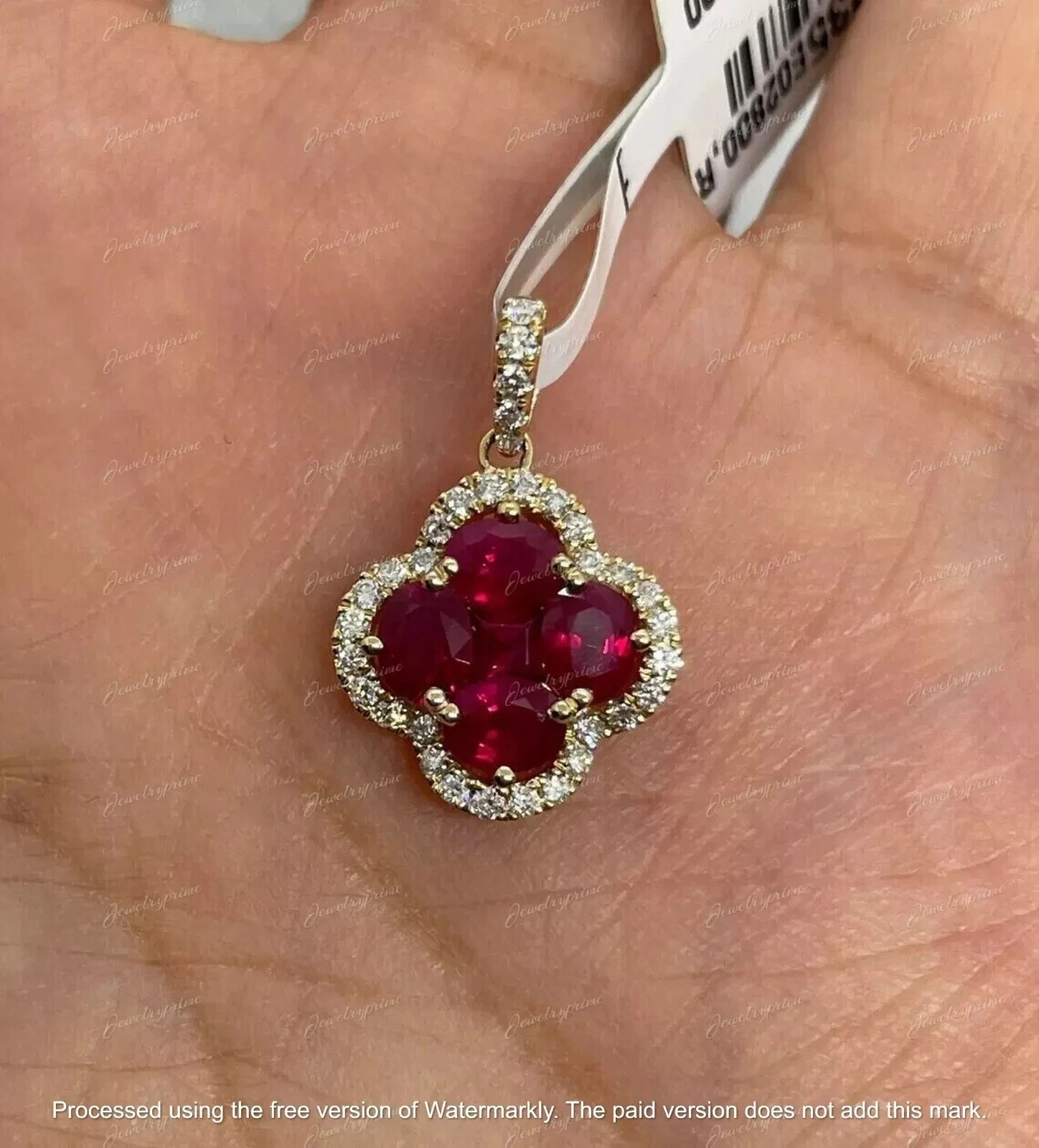 2Ct Oval Cut Lab-Created Red Ruby Clover Shape Pendant 14k Yellow Gold Finish