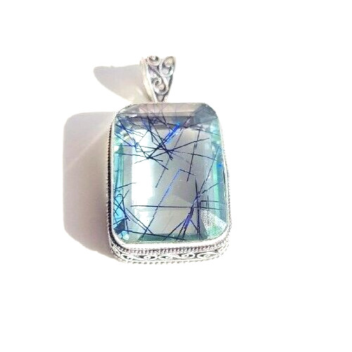 Blue Rutilated Quartz Gemstone 925 Sterling Silver Handmade Jewelry Pendant