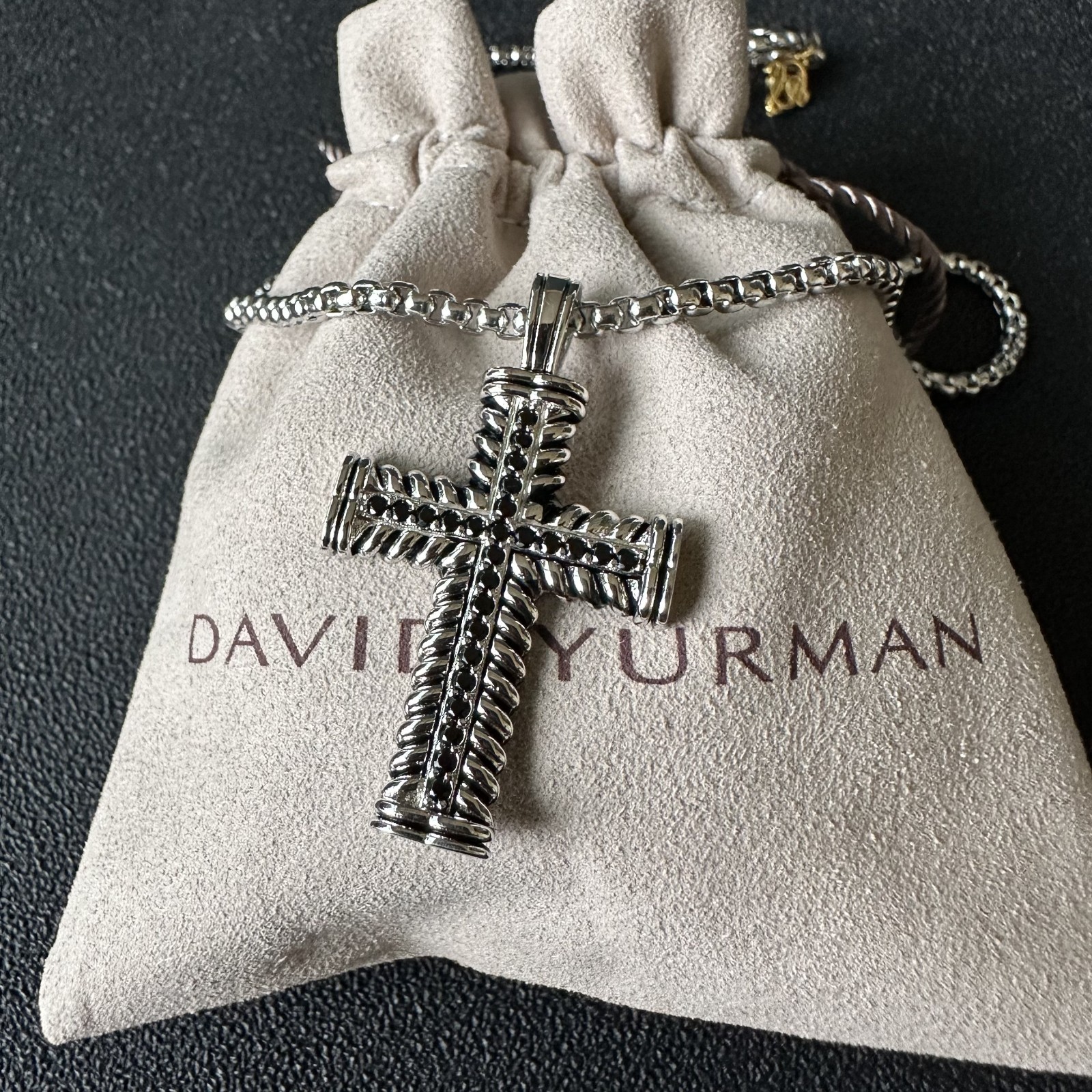 David Yurman Chevron Cross Pendant 925 Sterling Silver with Black Diamonds 20″