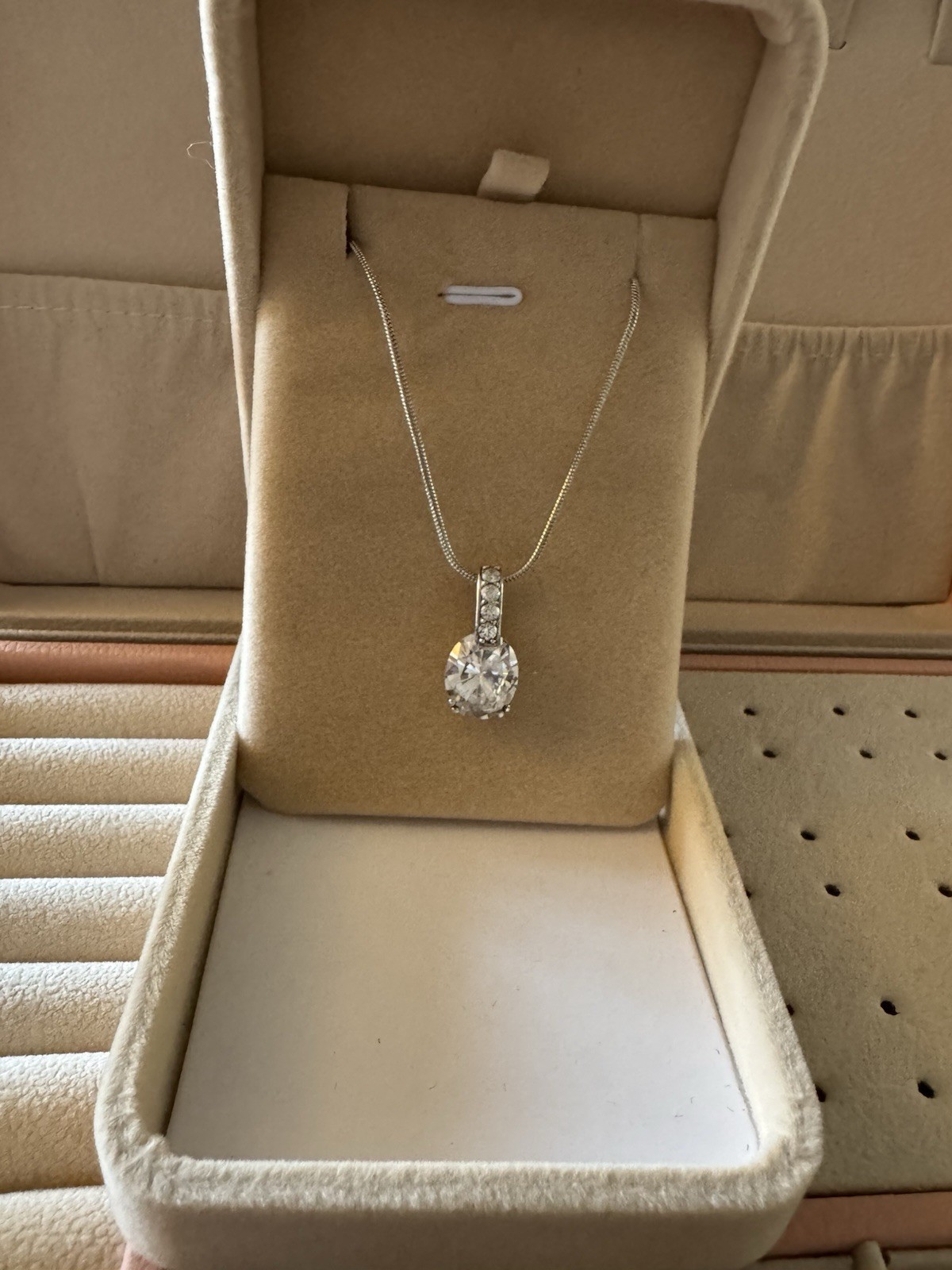 925 Sterling Silver CZ Pendant Necklace Large Oval Clear Stone 22” Snake Chain