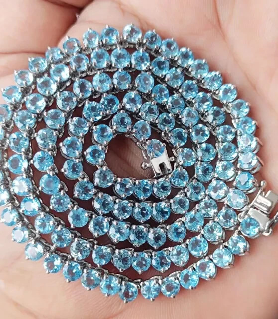 14k White Gold Plated Round Cut Blue Diamond Lab Created Tennis Necklace 18″