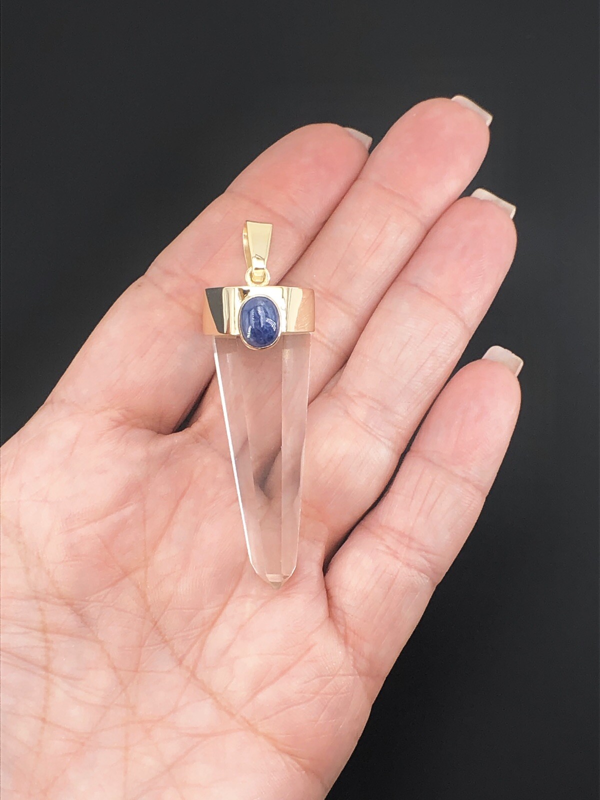 Unique 14k Gold Natural Quartz Point & Sapphire Pendant, 2.4″, New
