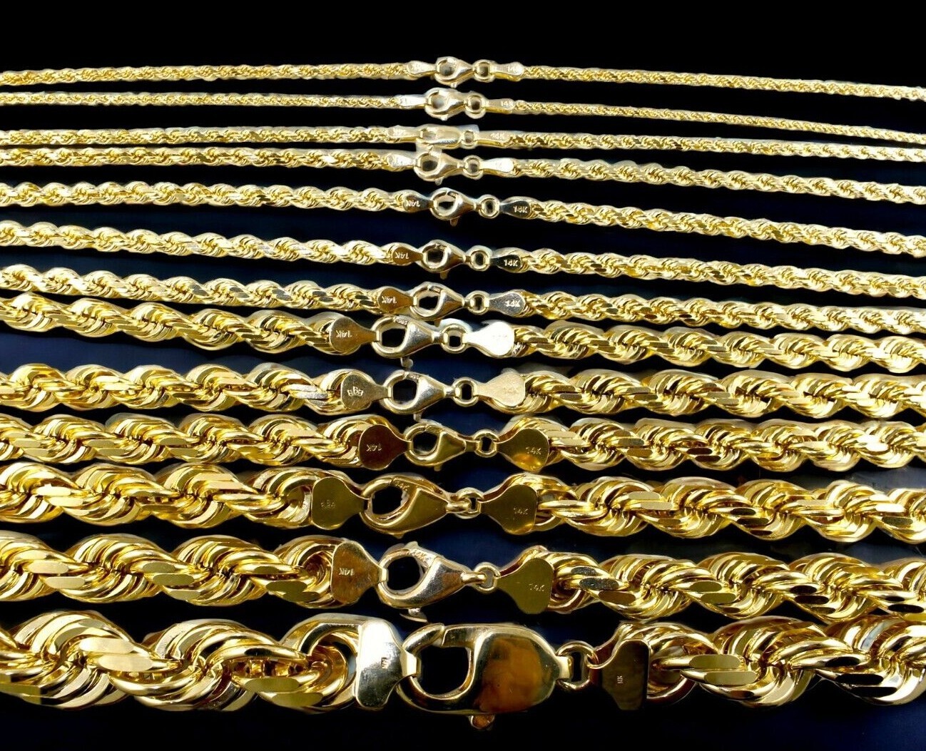 14K Yellow Gold 1mm-23mm Solid Rope Chain Necklace Diamond Cut All Sizes Real