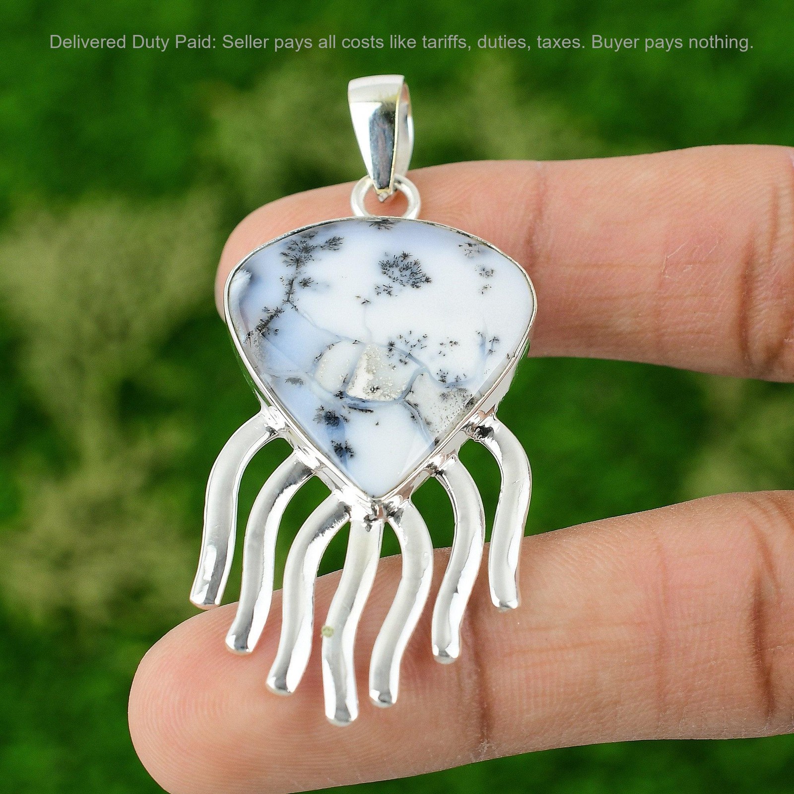 Dendrite Opal Gemstone Anniversary Birthday Bezel Sister Pendant Sterling Silver