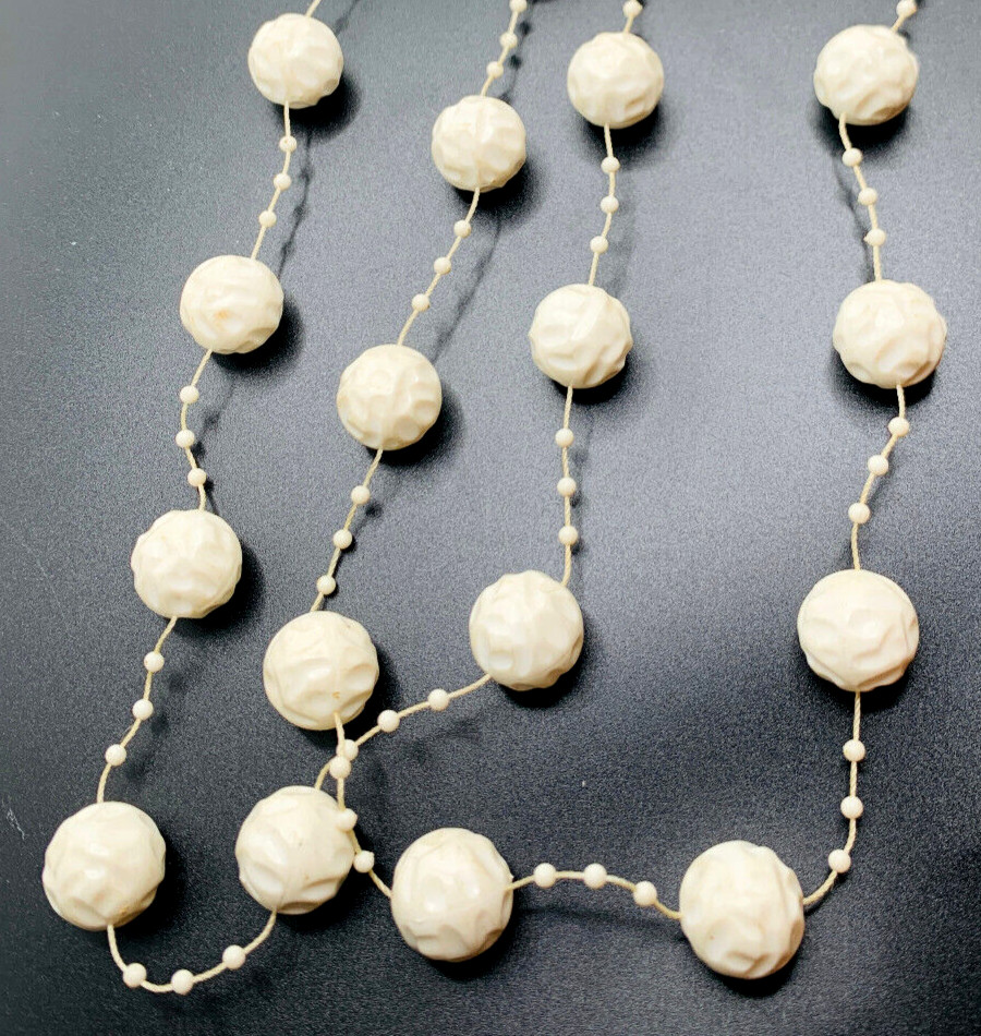Unique Vtg 1960s 2 Strand Cream Old Plastic Textured Bead Station Necklace