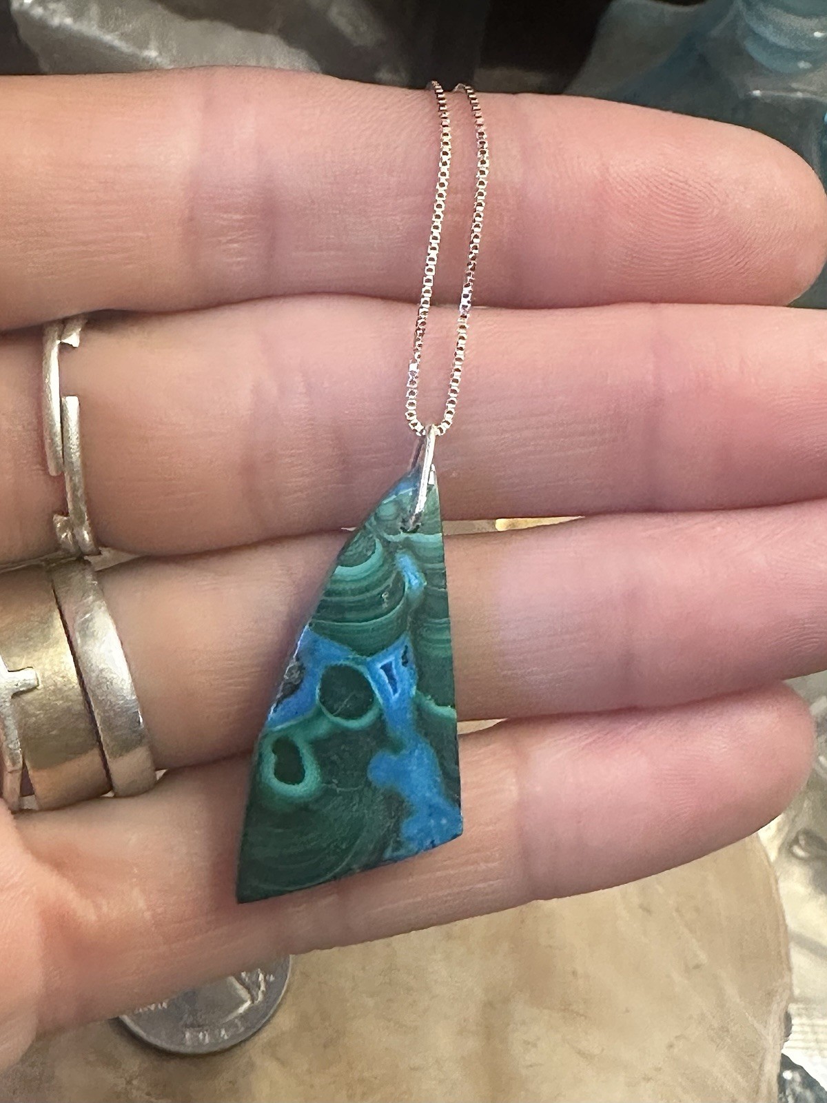 Cool Natural Chrysocolla Malachite Cabochon 925 Silver Necklace 20 In