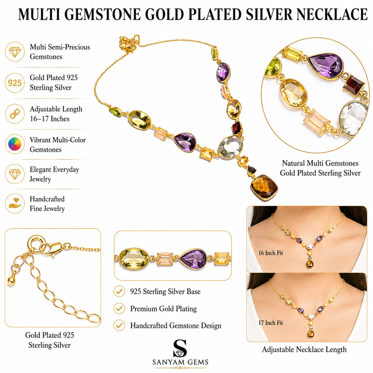 Natural Multi Gemstone AAA Statement Necklace Gold Plated 925 Sterling Silver