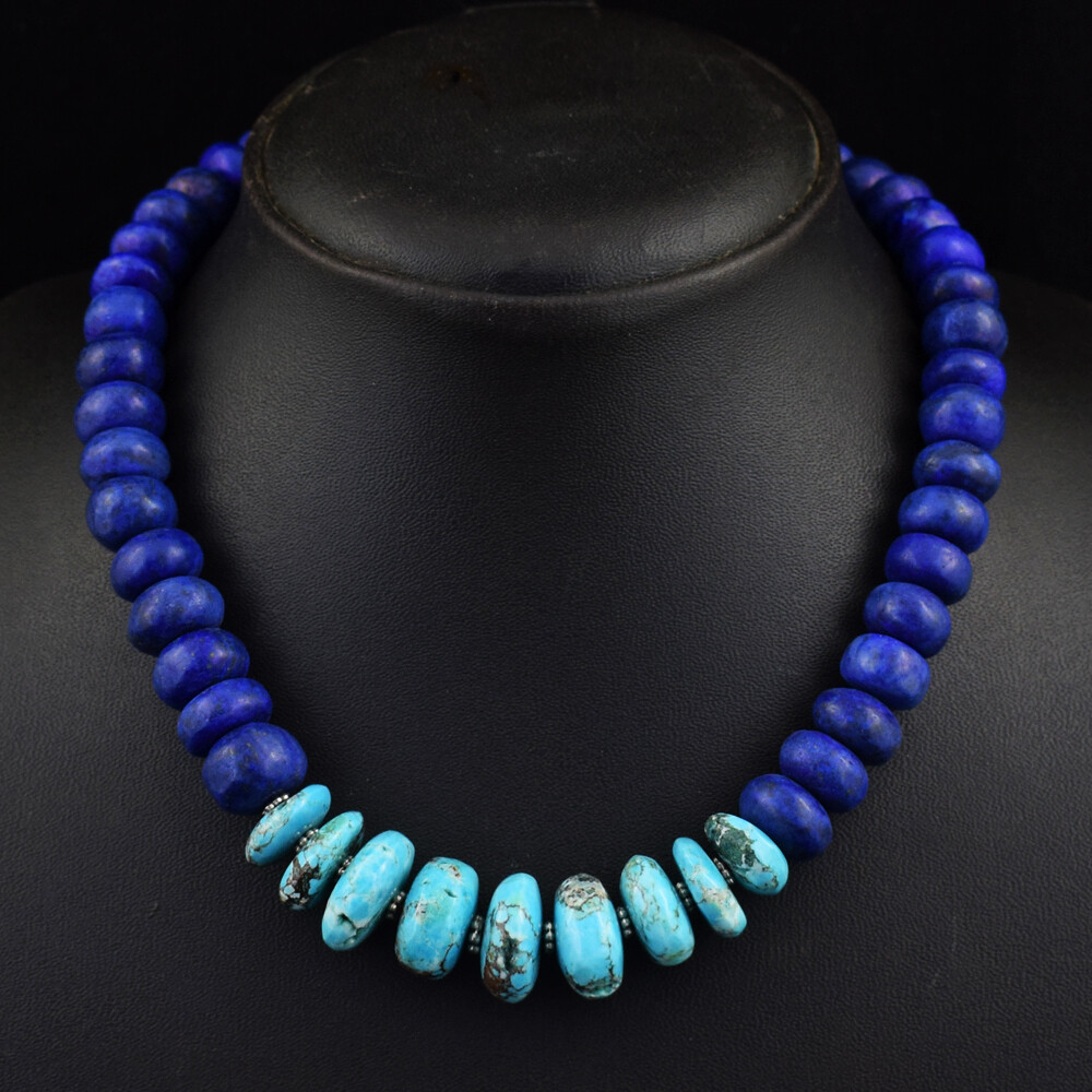581 Cts Natural Lapis Lazuli & Turquoise Rondelle Beaded Necklace JK 08E388