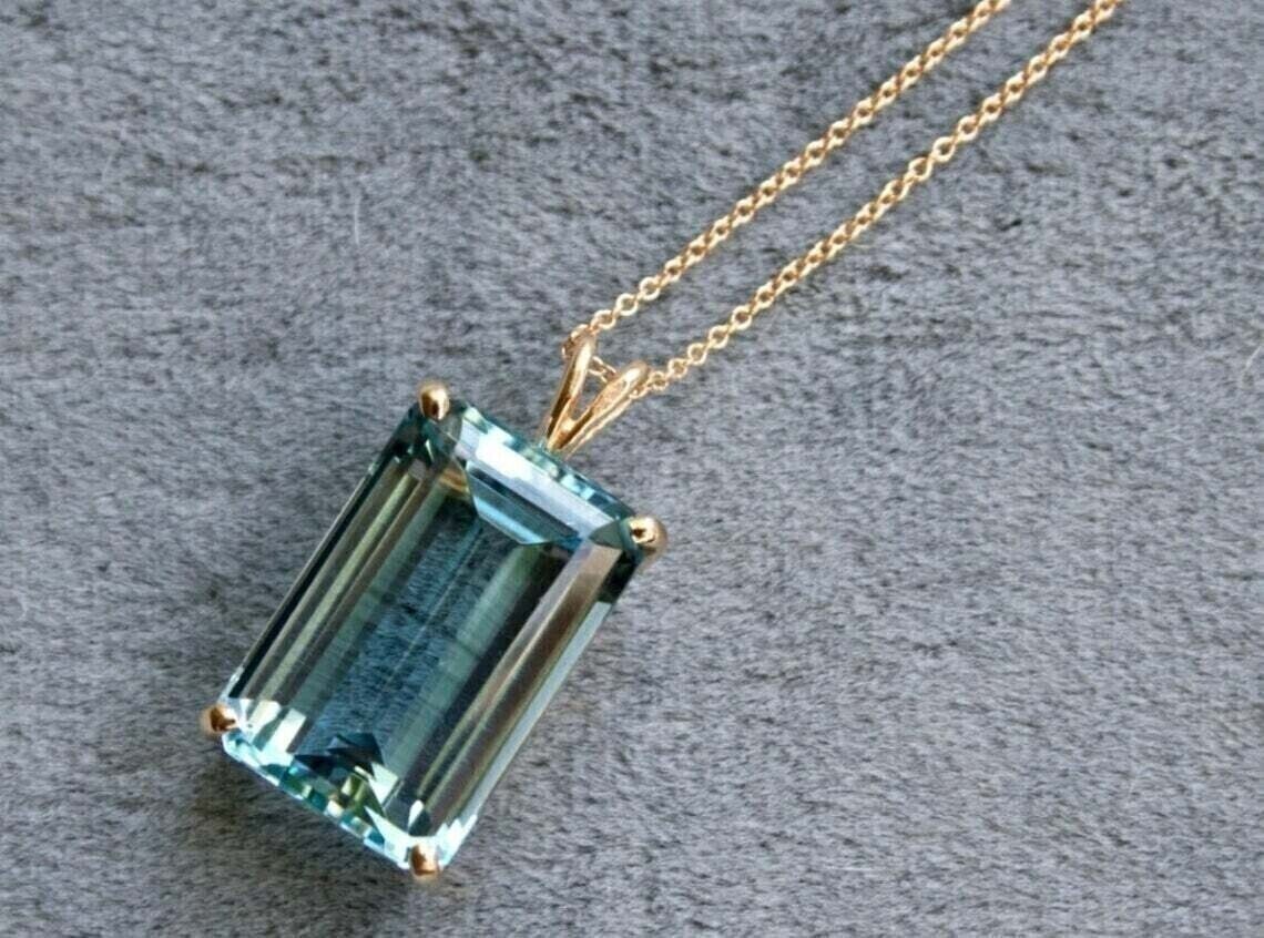 14K Yellow Gold Plated 4.25Ct Emerald Cut Lab Created Aquamarine Women’s Pendant