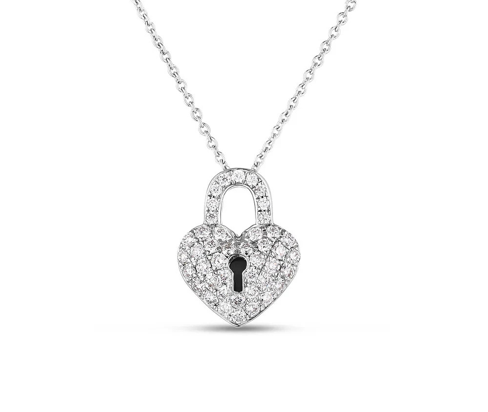NEW ROBERTO COIN 18K WHITE GOLD & DIAMOND HEART LOCK KEYHOLE Pendant Necklace