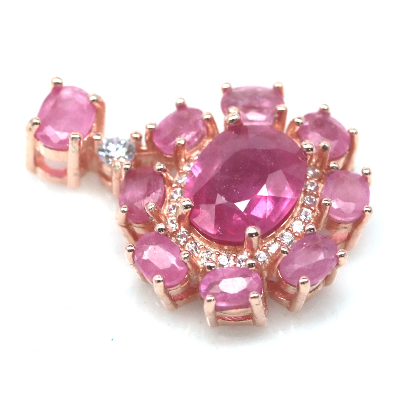 925 Sterling Silver 7 x 9 mm. Pink Ruby & White Zircon Statement Pendant