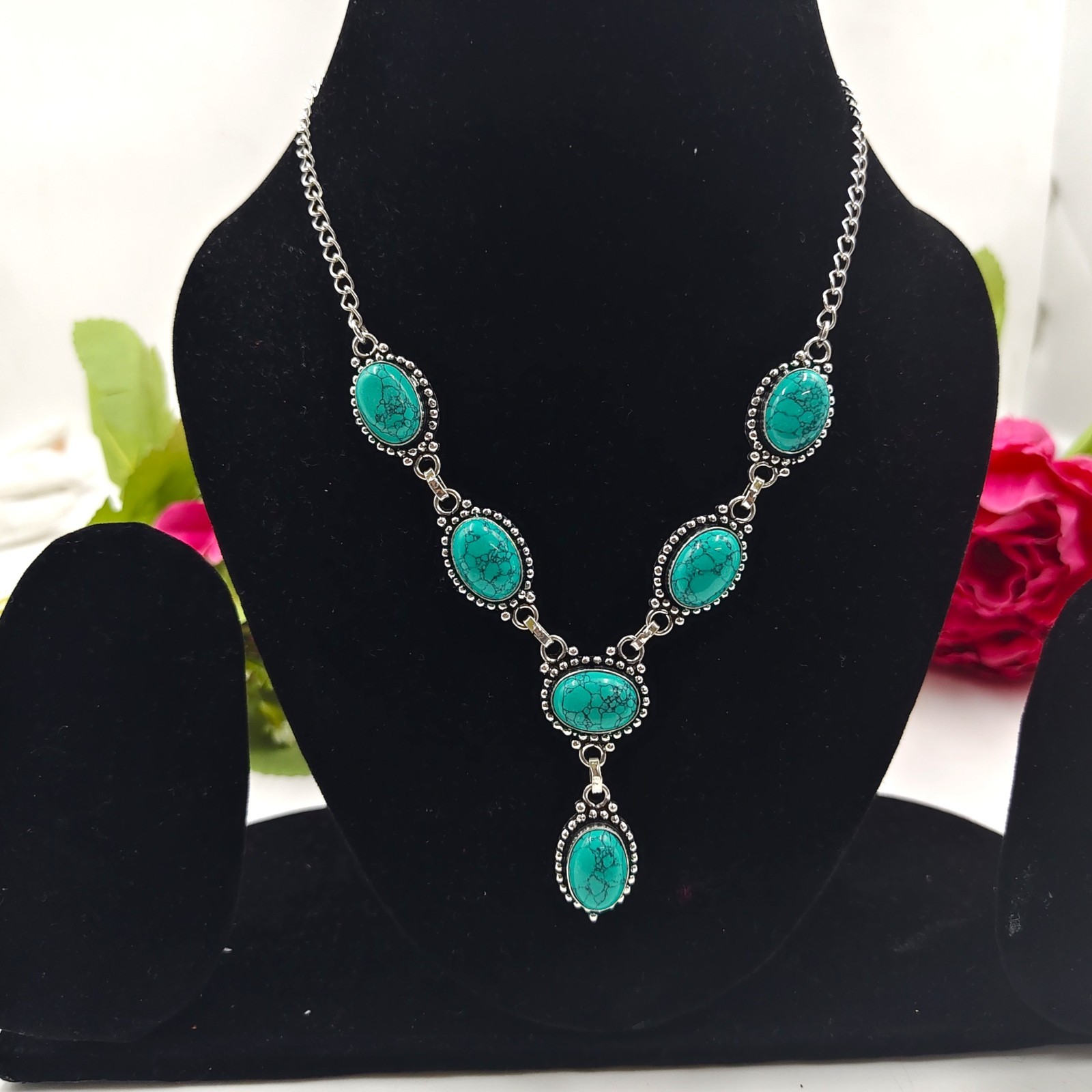 Blue Turquoise Gemstone Handmade 925 Sterling Silver Jewelry Necklace Sz-17-18″