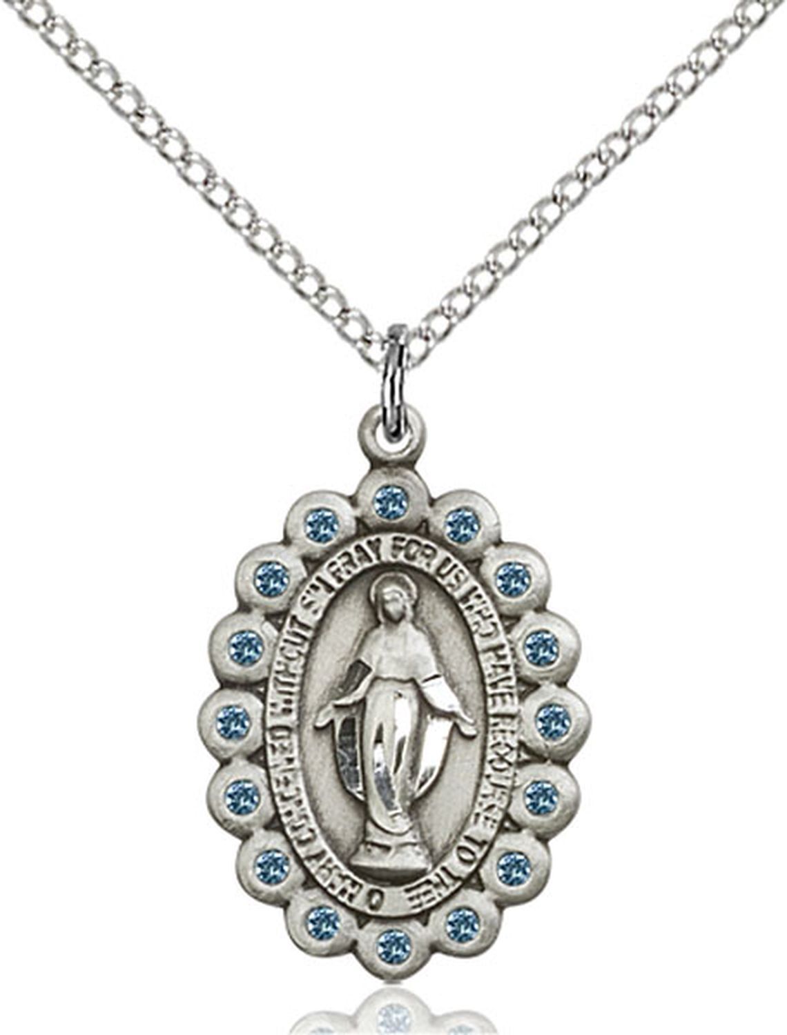 Sterling Silver Miraculous March Color Month Virgin Mary Necklace 18″ Chain