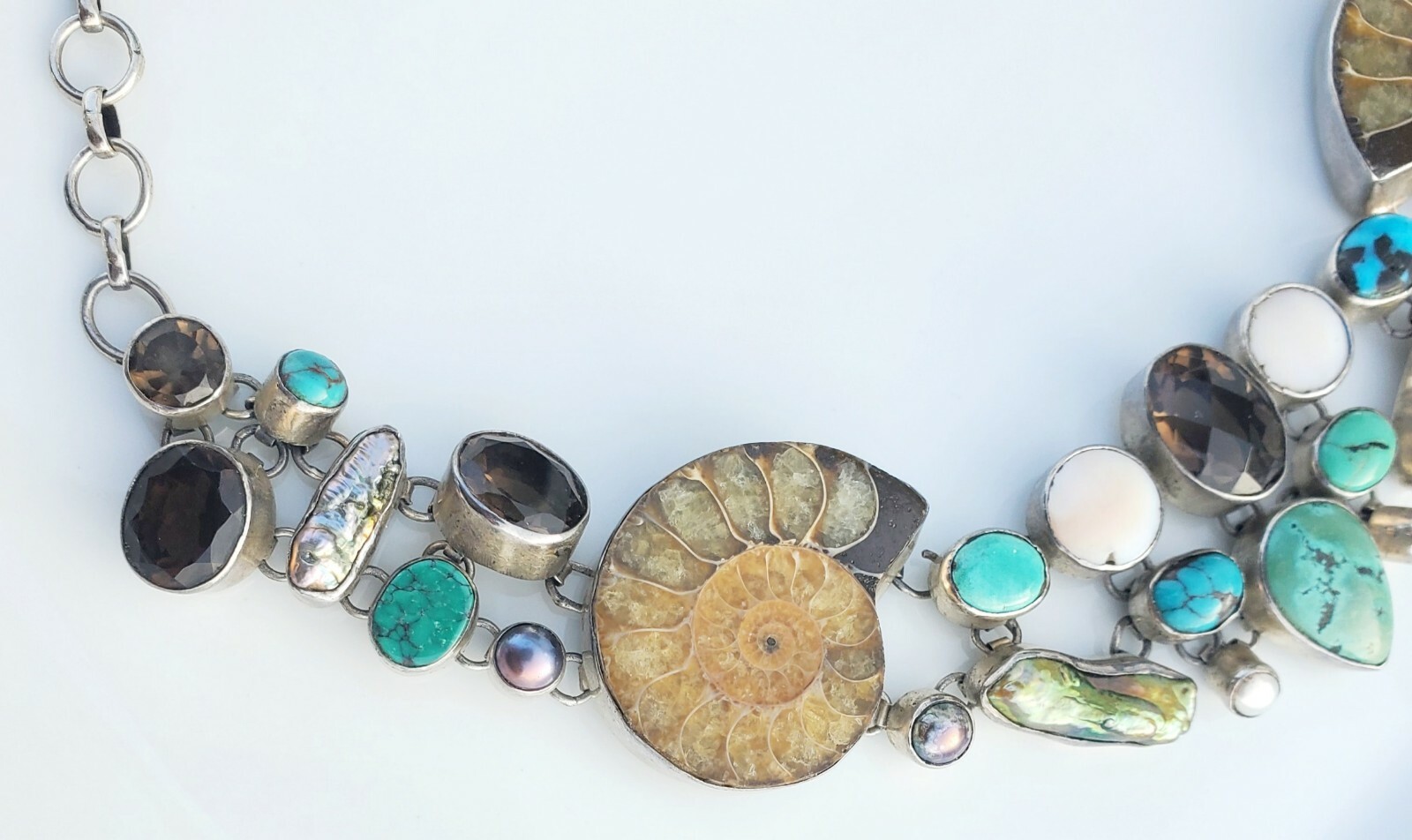 925 Silver Statement Necklace & Bracelet Turquoise Smokey Quartz Fossil Pearl
