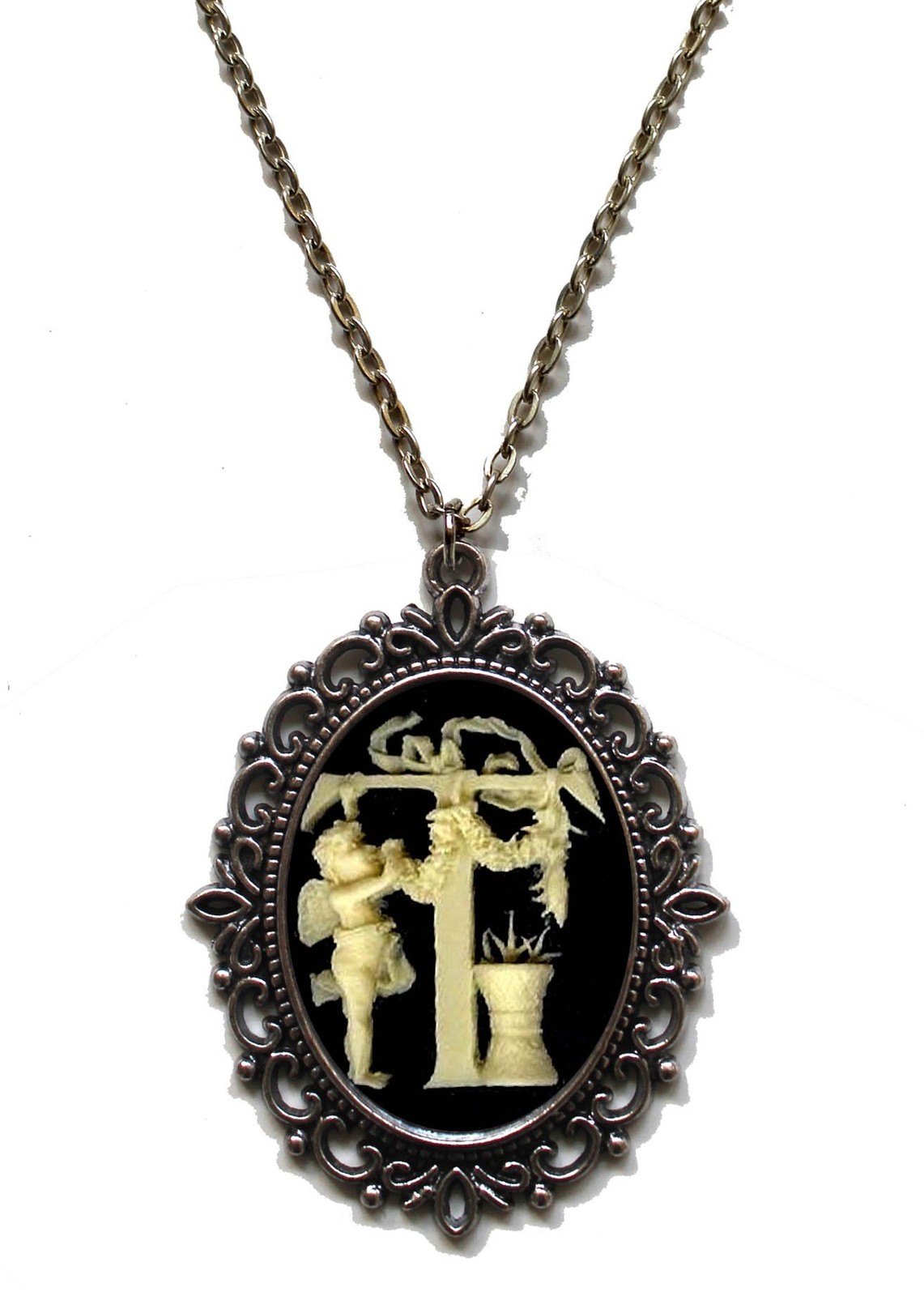 Letter Initial Alphabet Black & Ivory Cameo Pendant on Chain (Letter T)