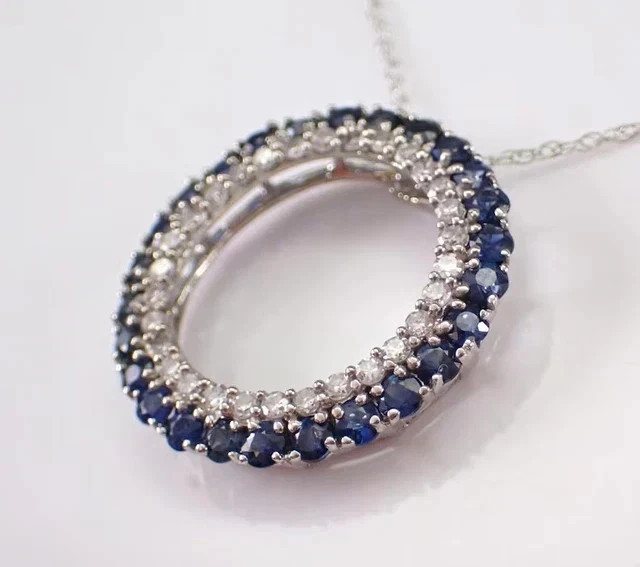 2 Ct Round Cut Lab Created Blue Sapphire Circle Pendant 14K White Gold Plated