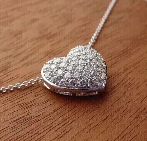 14K White Gold Plated Round Cut Real Moissanite 1.00Ct Heart Pendant Necklace