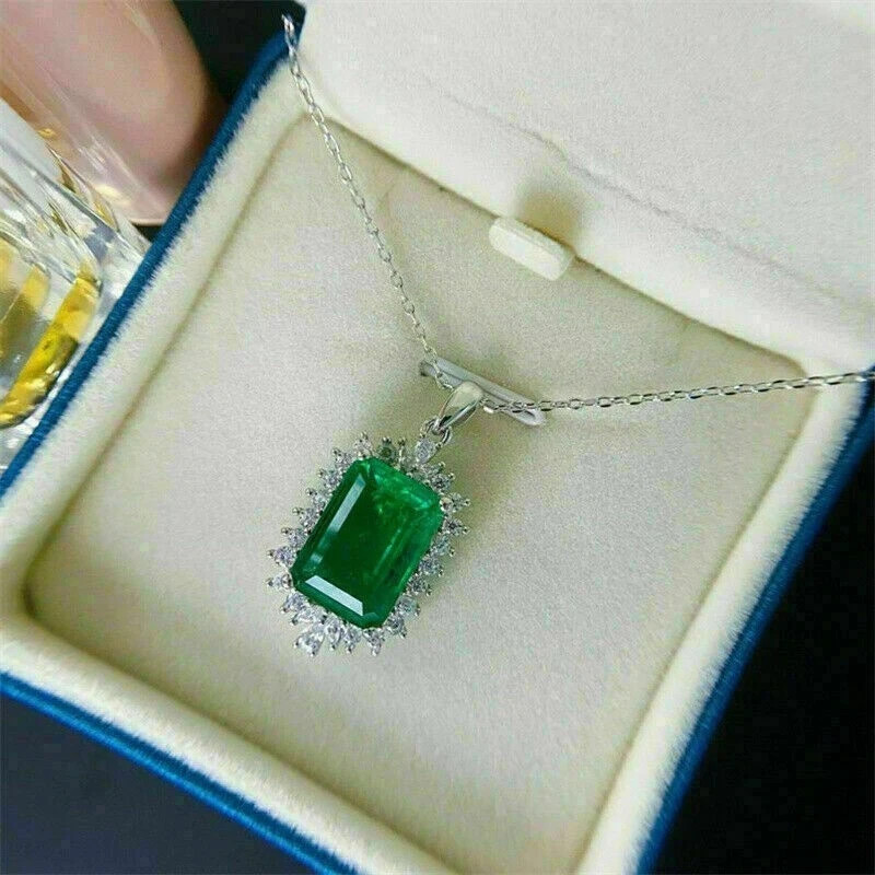 3Ct Emerald Cut Green Emerald Halo Womens Pendant 14K White Gold Over Free Chain