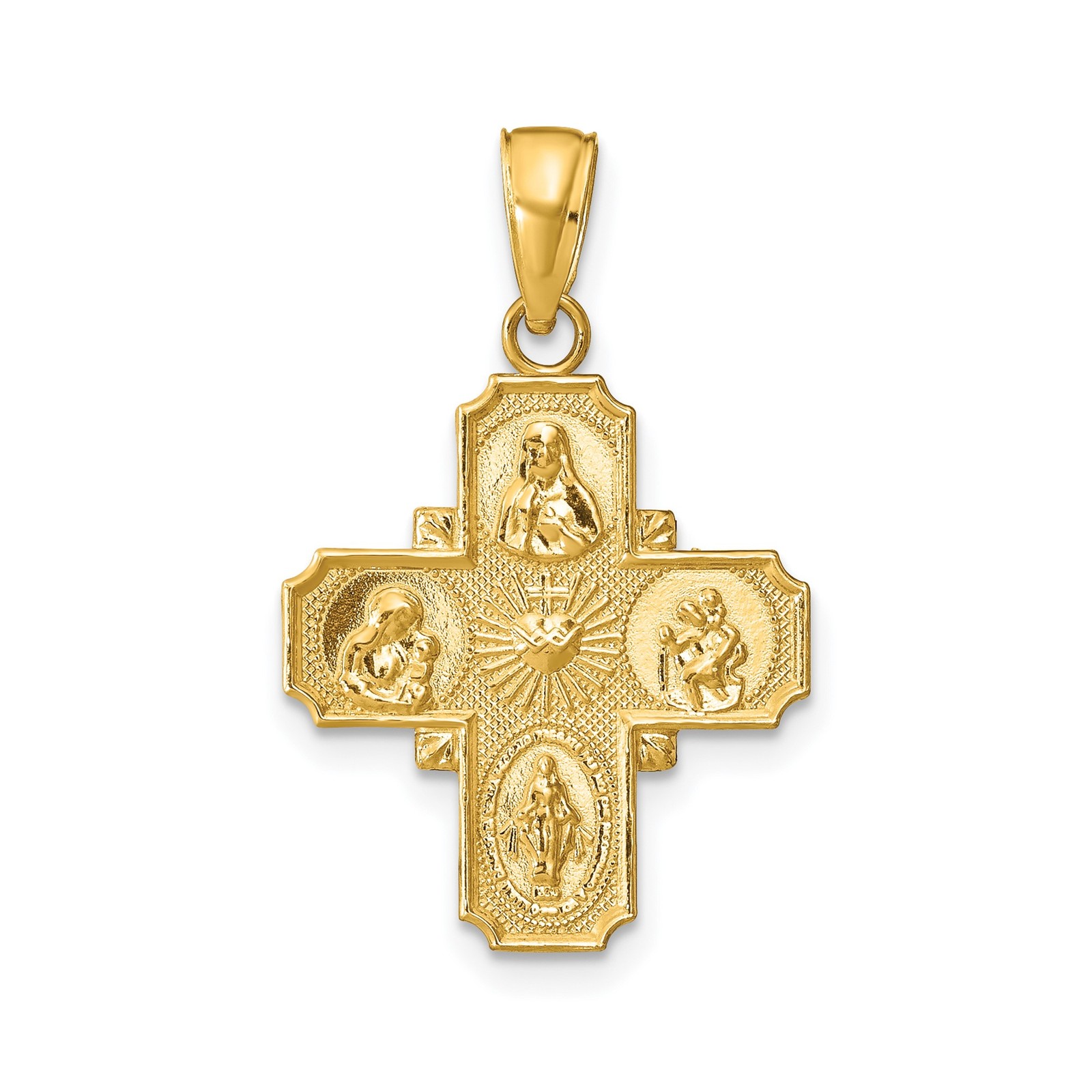 14k Yellow Gold Four-Way Cross Pendant Catholic Medal Sacred Heart Virgin Mary