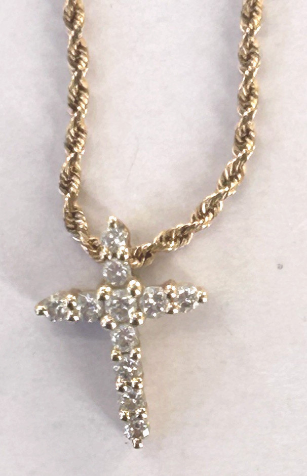 14 Karat Gold Diamond Cross Pendant & Chain Stamped 14K With IGI Summary Report