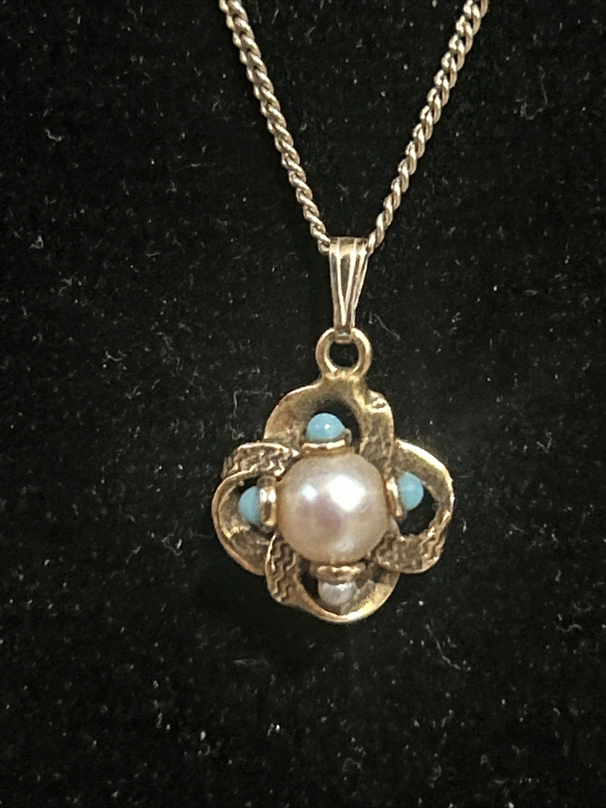 Antique 14k Gold Turquoise Seed Pearl Pendant 2.1g charm W/ GP SS 16”Chain