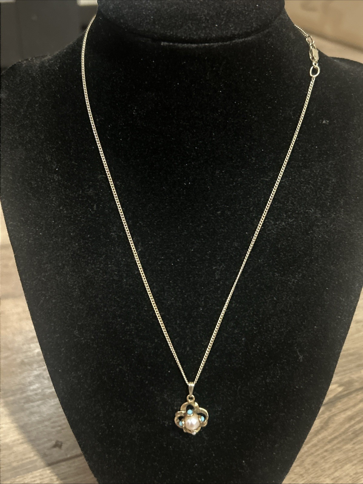 Antique 14k Gold Turquoise Seed Pearl Pendant 2.1g charm W/ GP SS 16”Chain