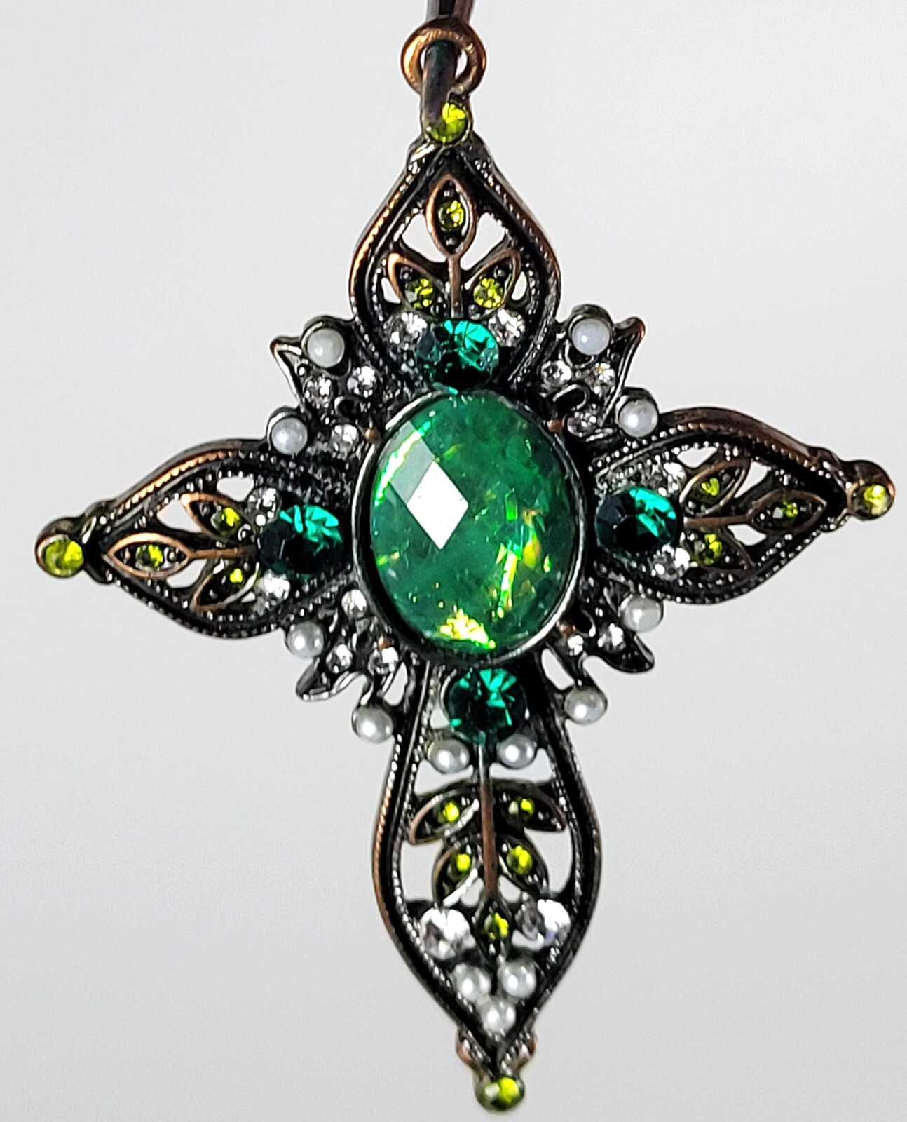Cross Pendant with Opalescent Green Stone and Faux Pearls – 2 inches Very Good