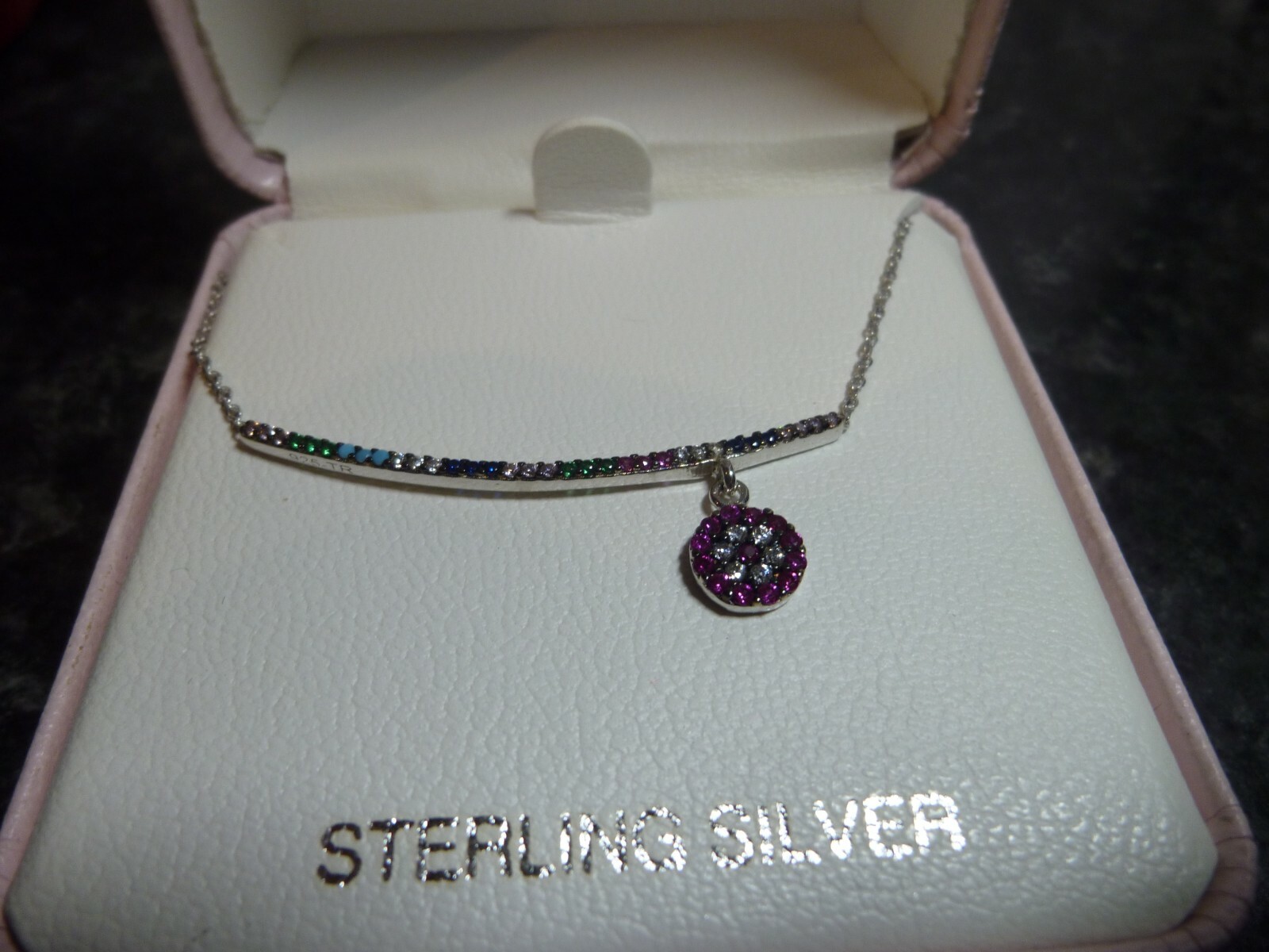 SILVER 925 CHAIN AND MULTICOLOURED BAR AND PENDANT (ADULT CHAIN) BOXED