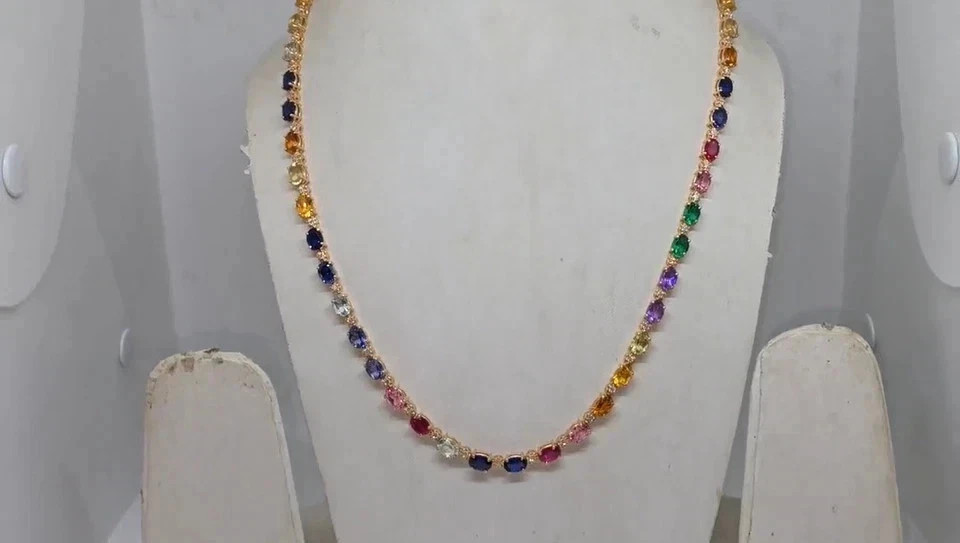 Lab Created Multi Color Sapphire Tennis 18 ” Necklace 14K Yellow Gold Plated