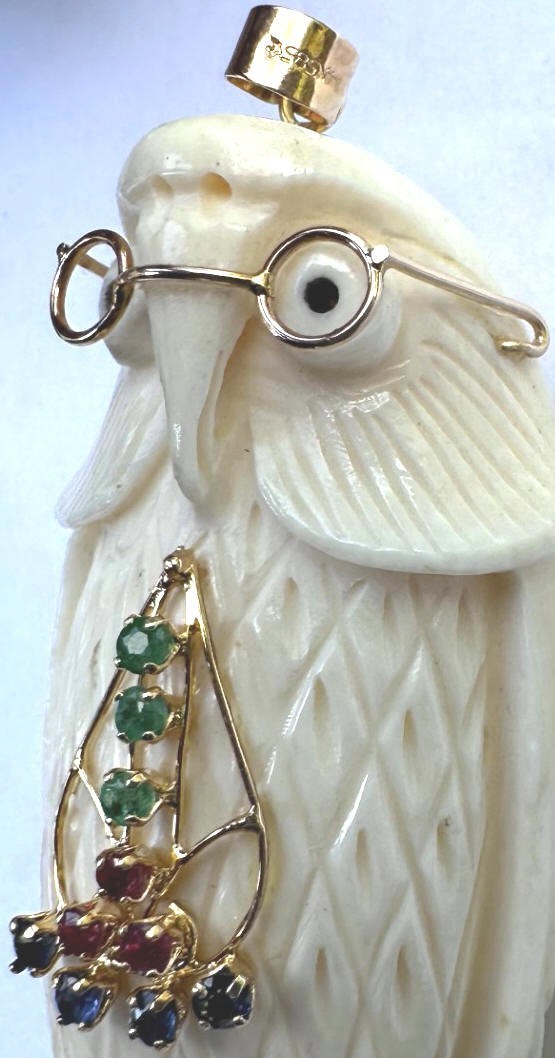 Beautiful 14K 585 Gold Wise Owl Pendant with Glasses and Multiple Color Stones