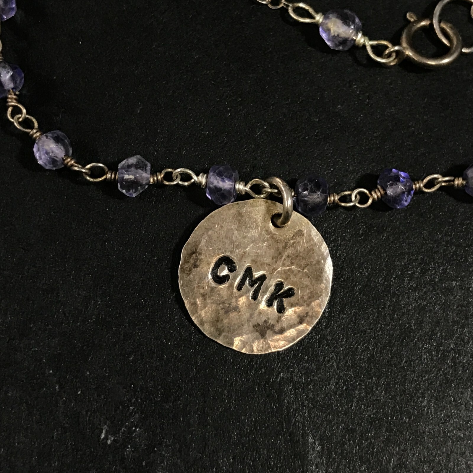 Sterling Silver Chain with Purple Plastic Beads and CMK Circle Pendant 16 in