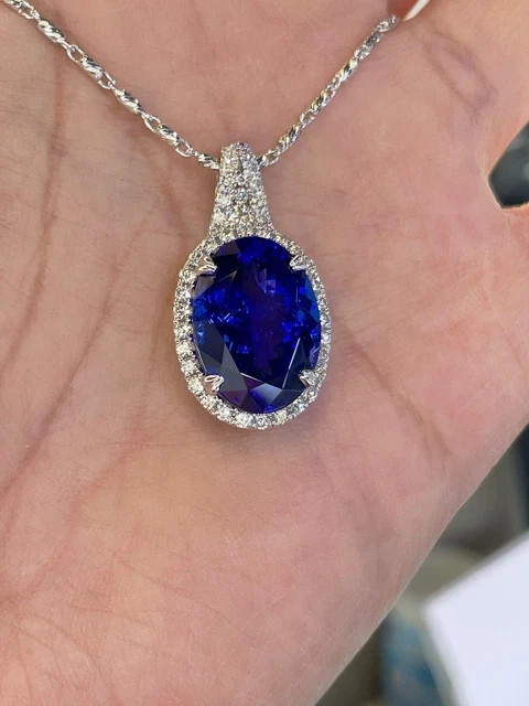 3Ctw Oval Cut Lab-Created Blue Sapphire Halo Pendant 14K White Gold Plated 18″