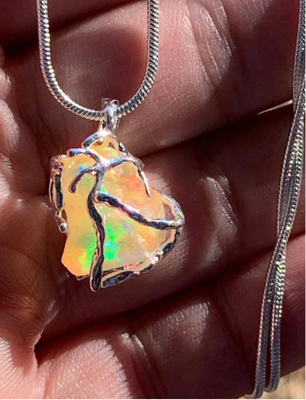 HUGE Fire Opal Silver Branches Necklace