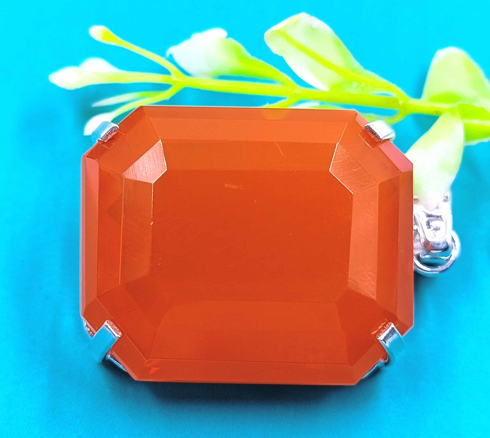 142 Ct IGL Certified Orange Opal Emerald Cut Pendant With Sliver Chain Free KKR