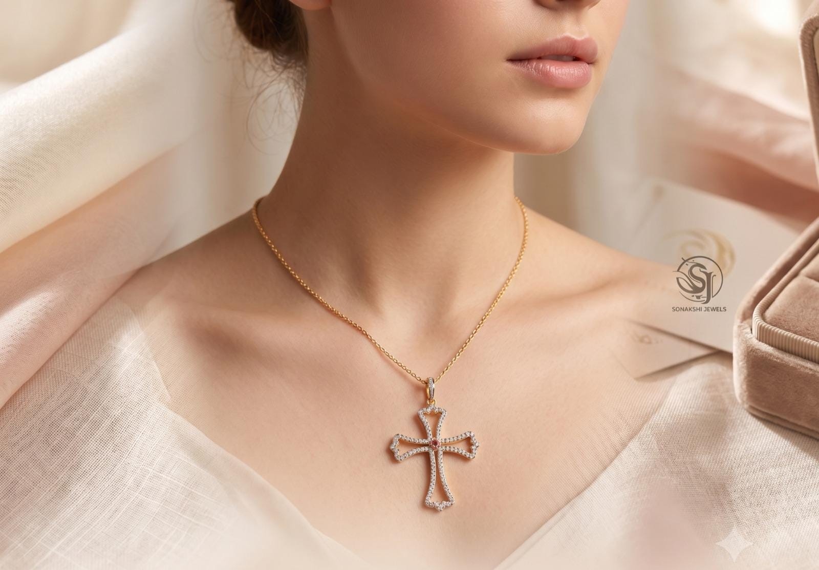 Vintage Sterling Silver 925 Cross Pendant: Diamond & Ruby Pendant
