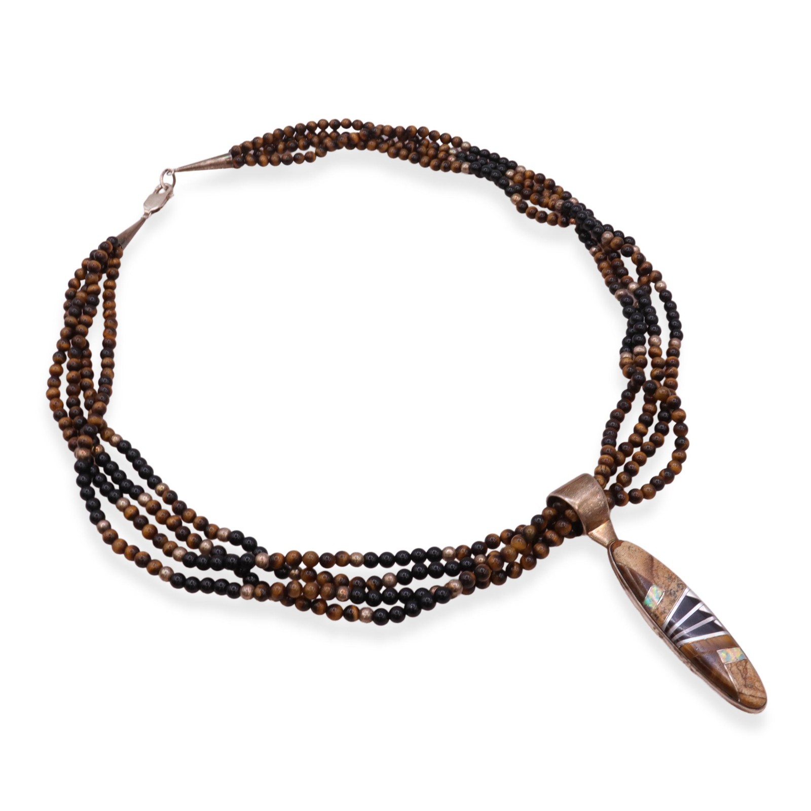Vintage Southwest Sterling Silver Multi-Stone Inlay Beaded Multi-Strand Necklace