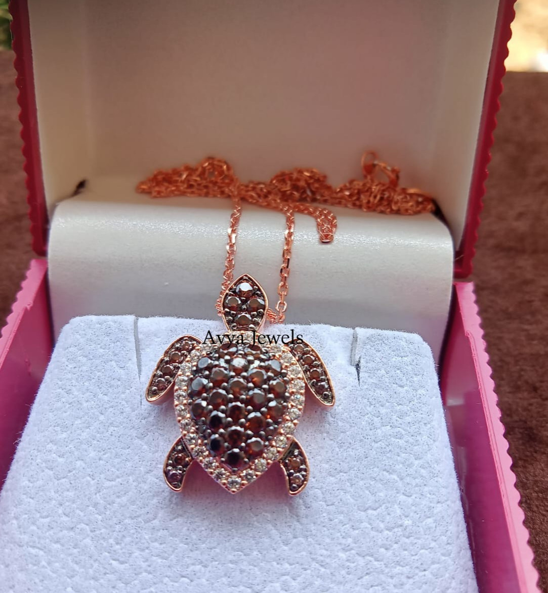 2 CT Round Brown Diamond Aloha Turtle Sea Pendant Necklace 14K Rose Gold Plated
