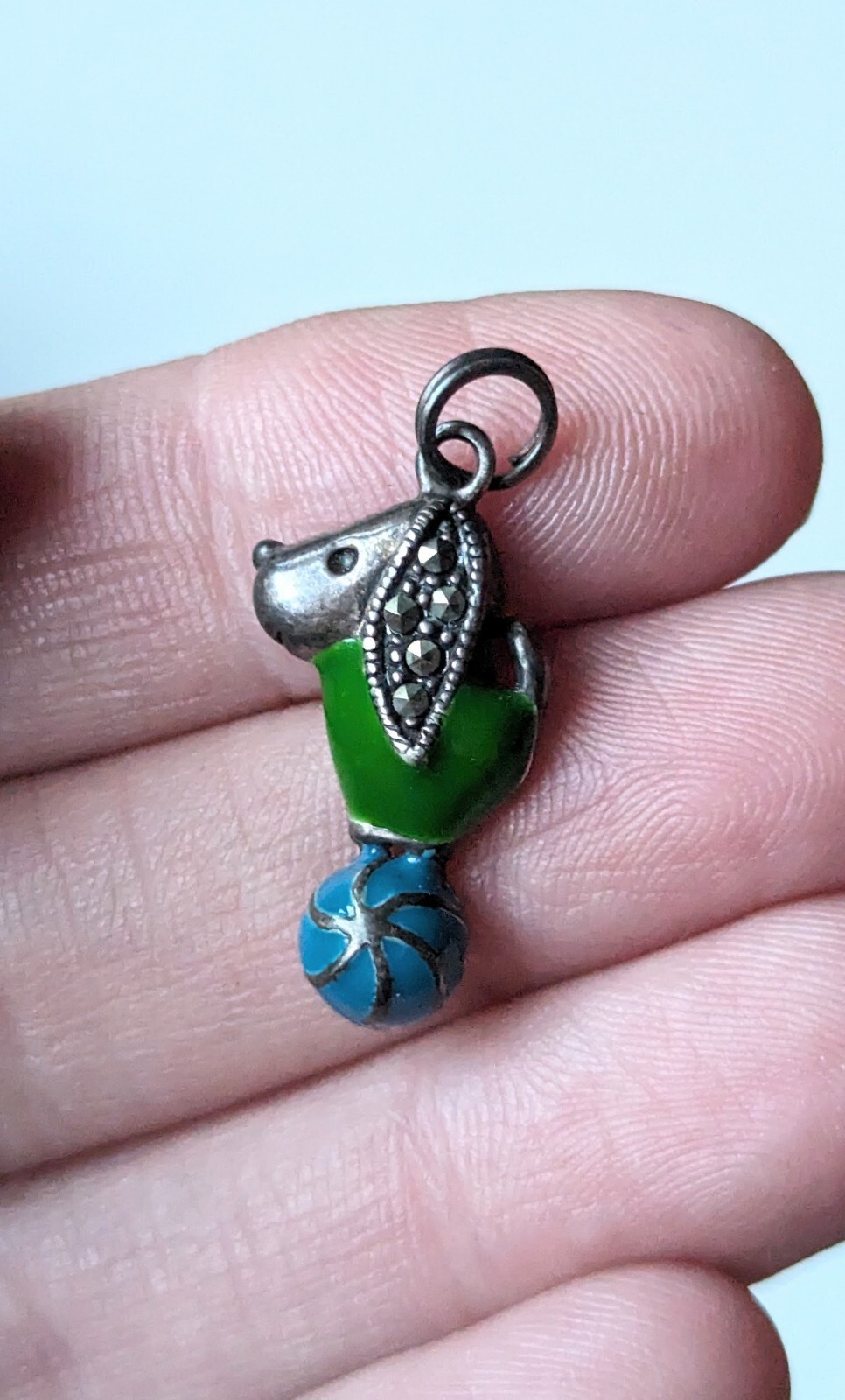 Vtg Sterling Silver 925 Dog Charm Pendant Puppy Circus Ball Green Blue Enamel