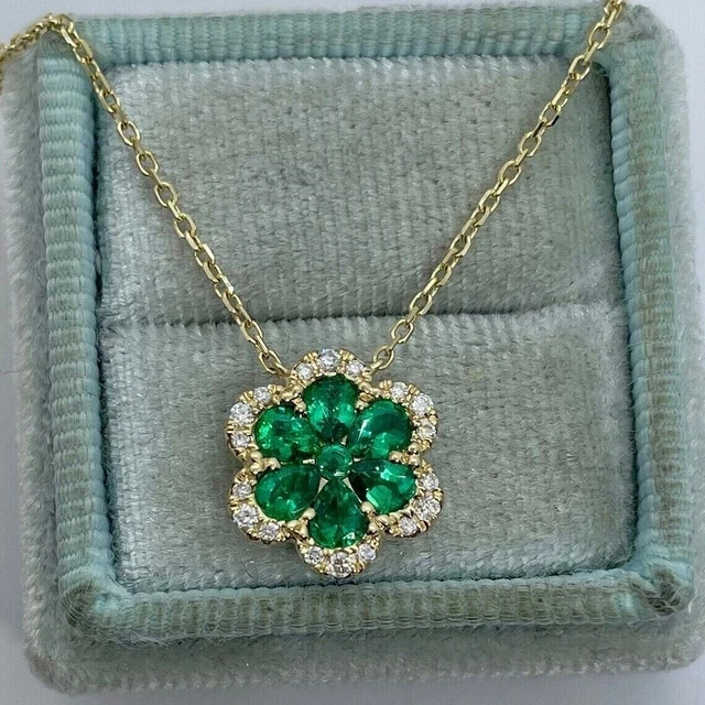 2Ct Pear Cut Lab Created Emerald Flower Pendant 14K Yellow Gold Plated 18 Chain