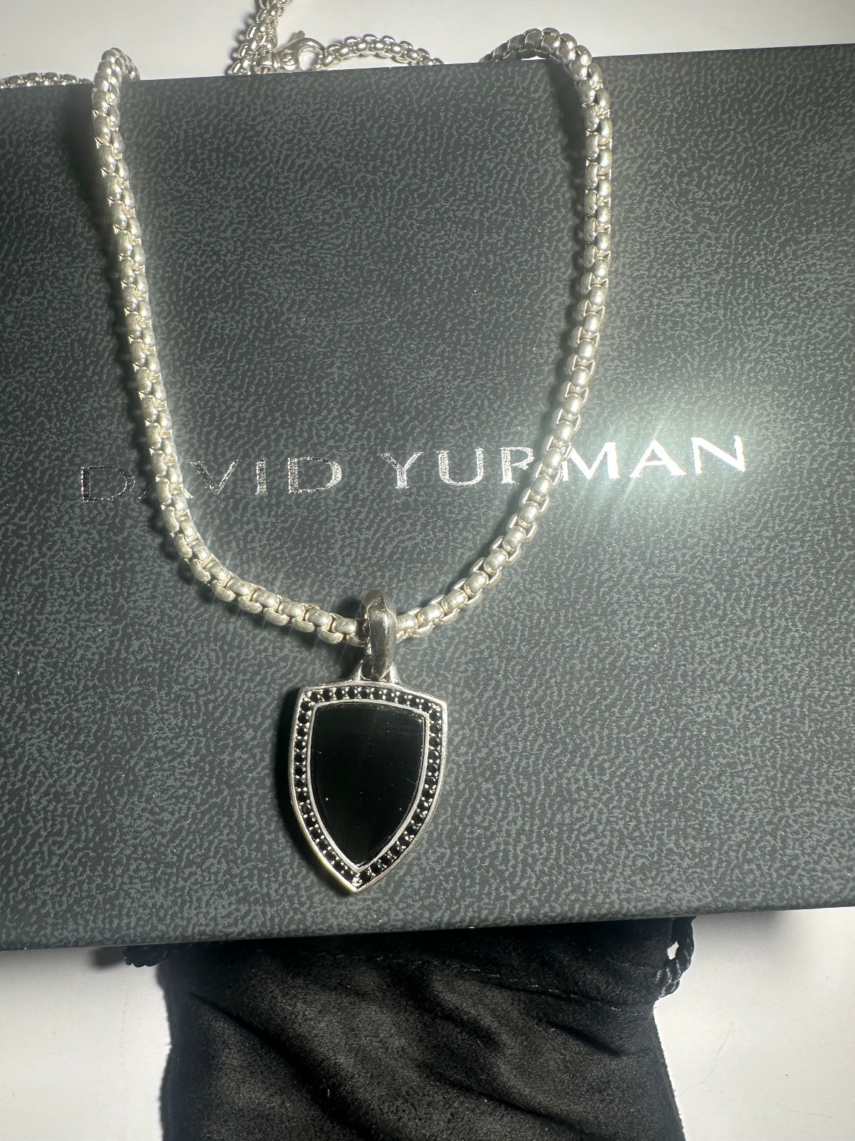 925 David Yurman Shield Amulet Necklace with Black Onyx & Pave Black Diamonds