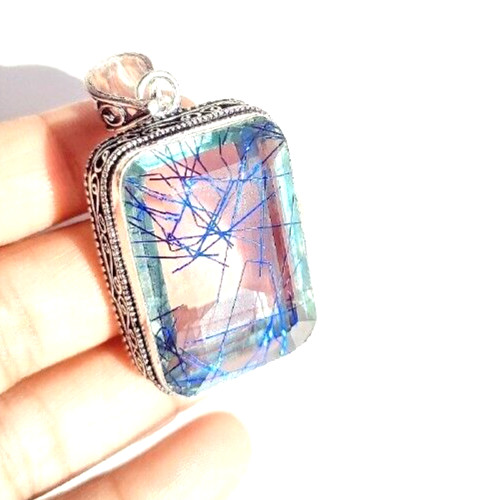 Blue Rutilated Quartz Gemstone 925 Sterling Silver Handmade Jewelry Pendant