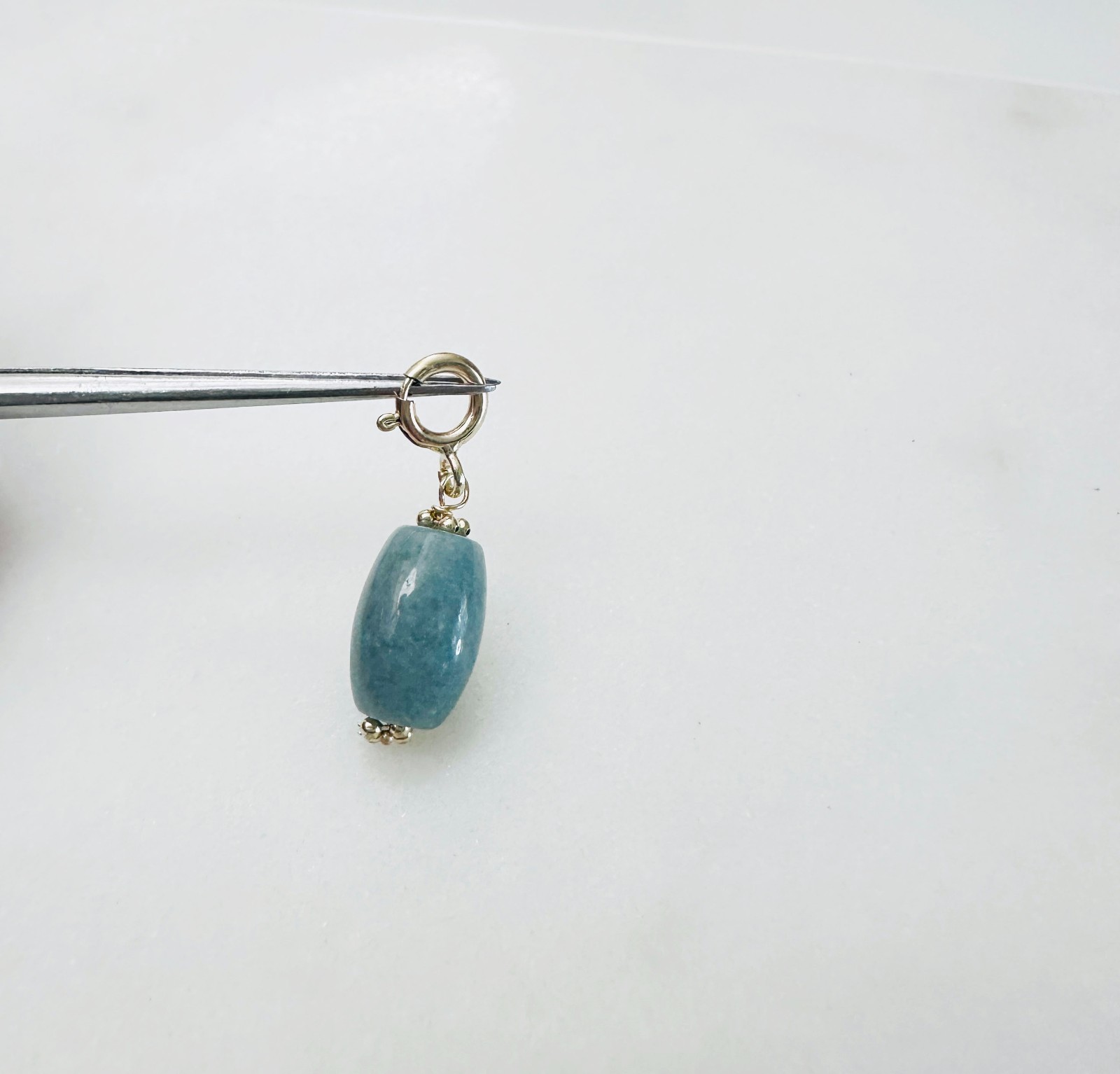 14K Solid Yellow Gold Barrel Blue-Green Jade Small Charm Pendant w/Spring Clasp