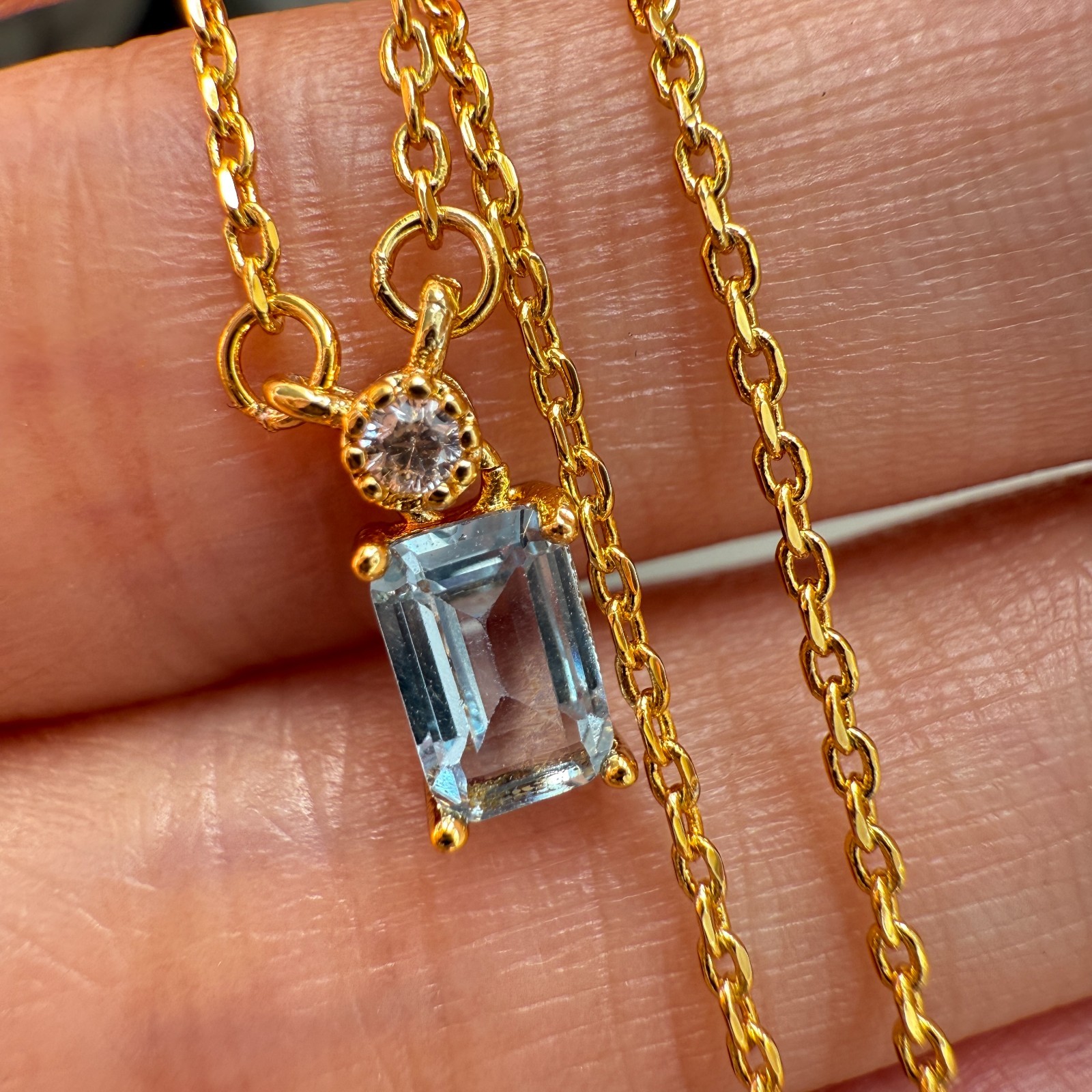 925 Sterling Silver Necklace 6x4mm Natural Blue Aquamarine 14K Gold Plated Chain