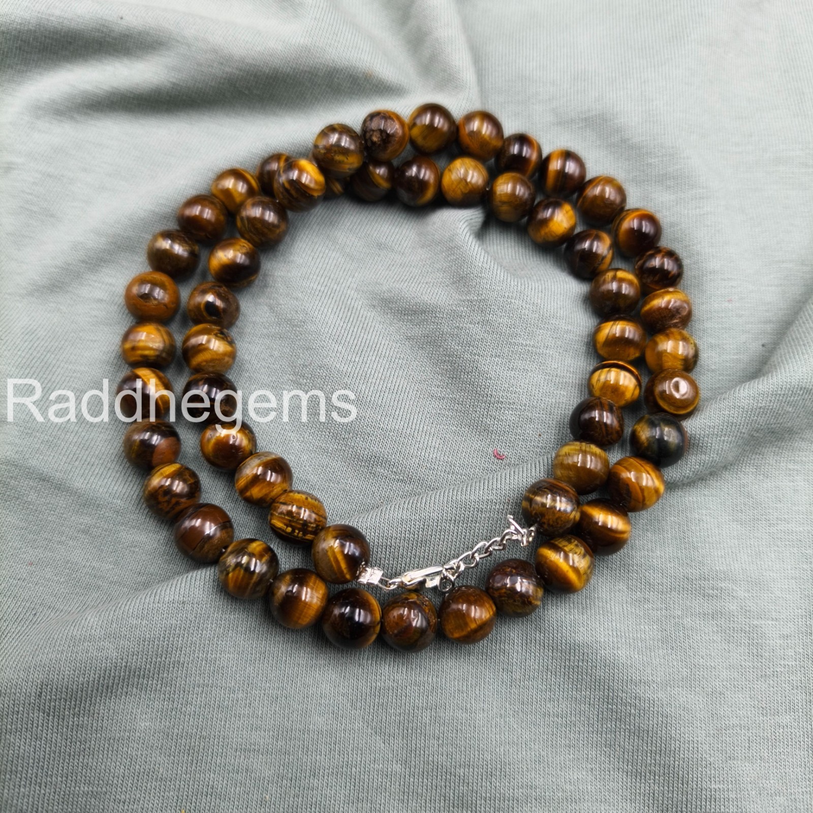 Tigers Eye Necklace 8mm Round Beaded Jewelry Sterling Silver Clasp Unisex Gemsto