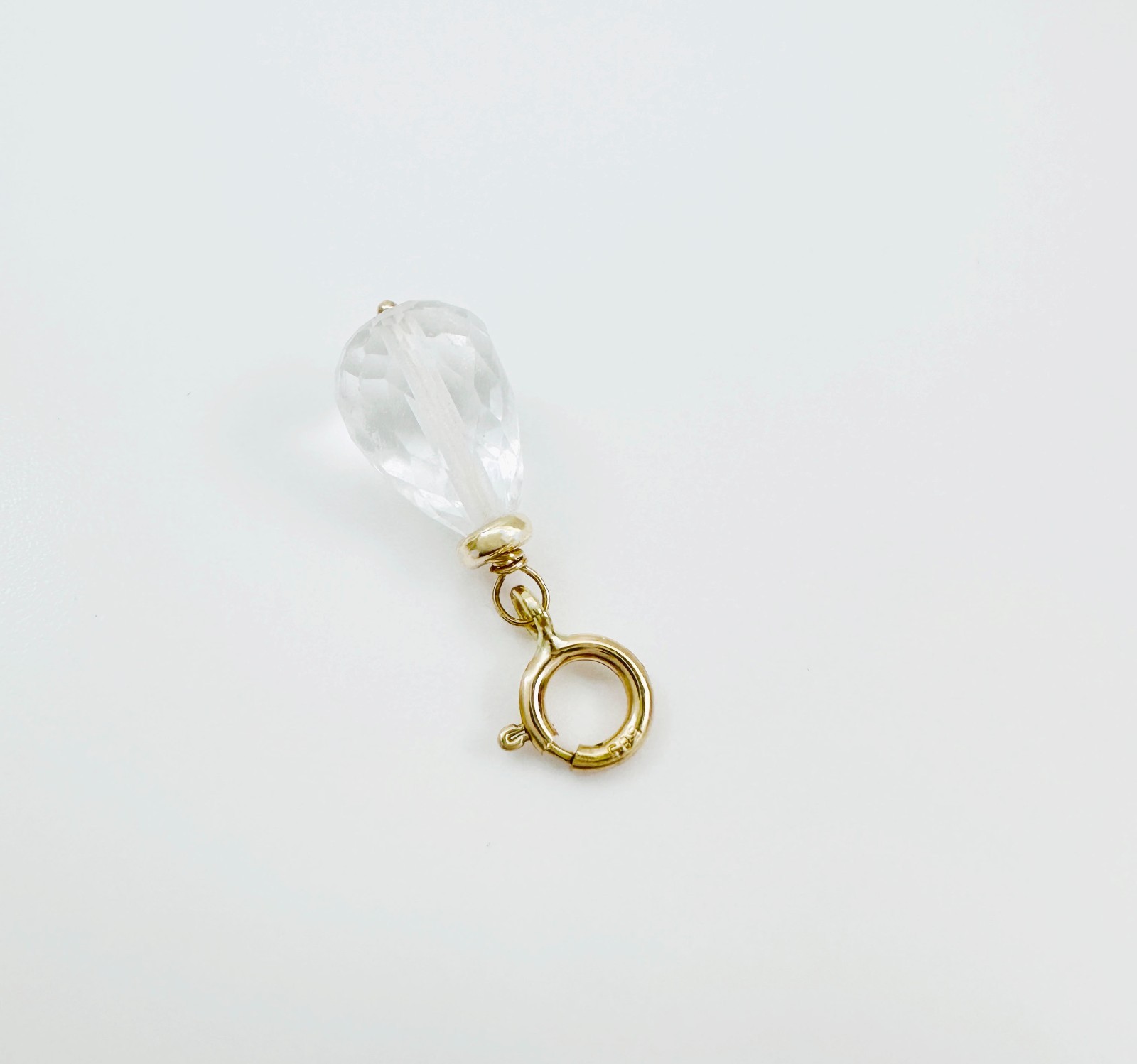 14K Solid Yellow Gold Small Clear Quartz Briolette Charm Pendant w/Spring Clasp