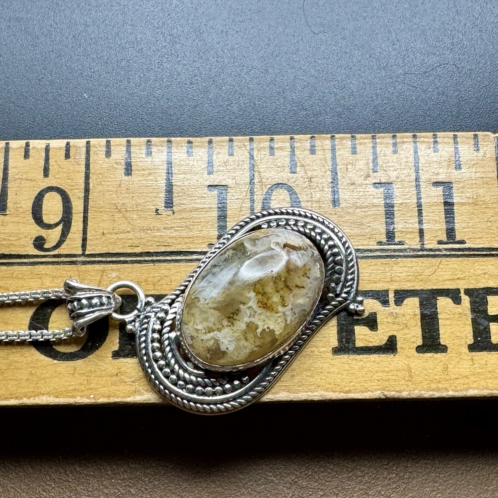 Bezel Set Jasper Cabochon Stone In Detailed Silver With 18in NB India Box Chain