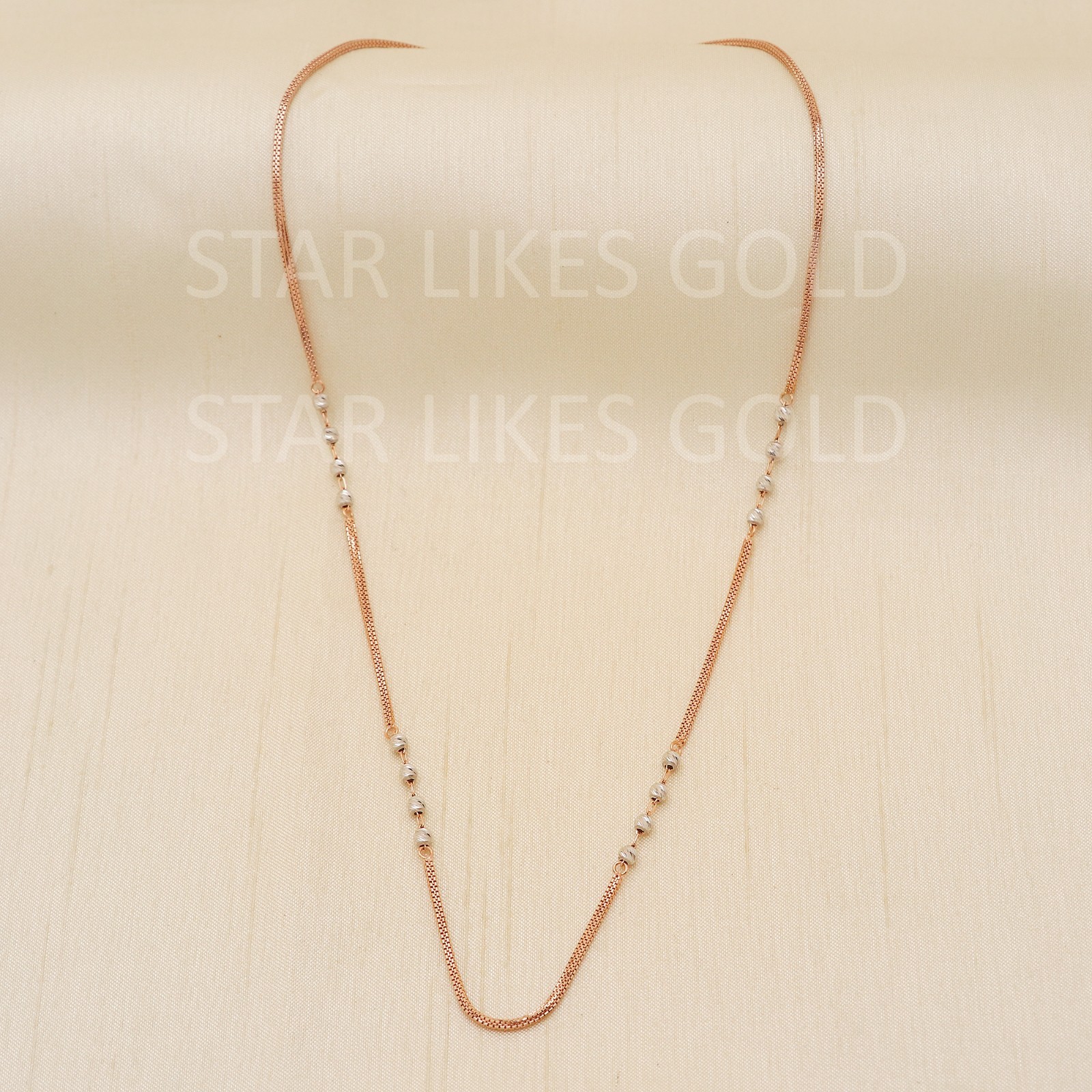 18K Rose Gold Station Chain Necklace 17.75″ 7.32g 2.8mm Dual Tone Bead Mesh