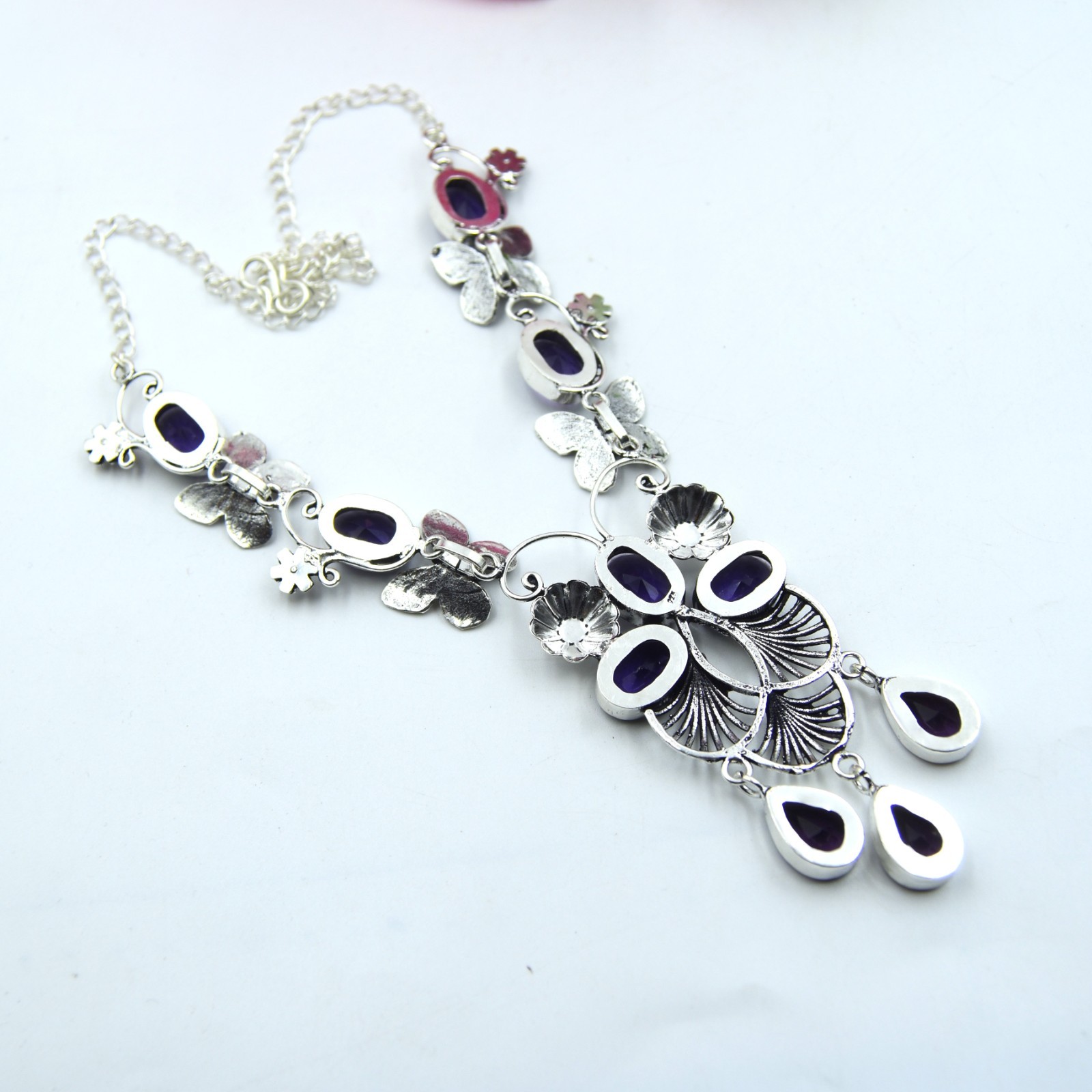 Purple Amethyst Gemstone Handmade 925 Sterling Silver Jewelry Necklace Sz-17-18″