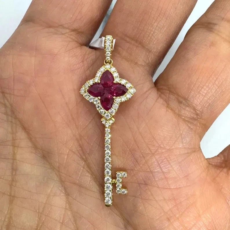 1.60CT Pear Cut Lab-Created Red Ruby Women’s Key Pendant 14K Yellow Gold Plated