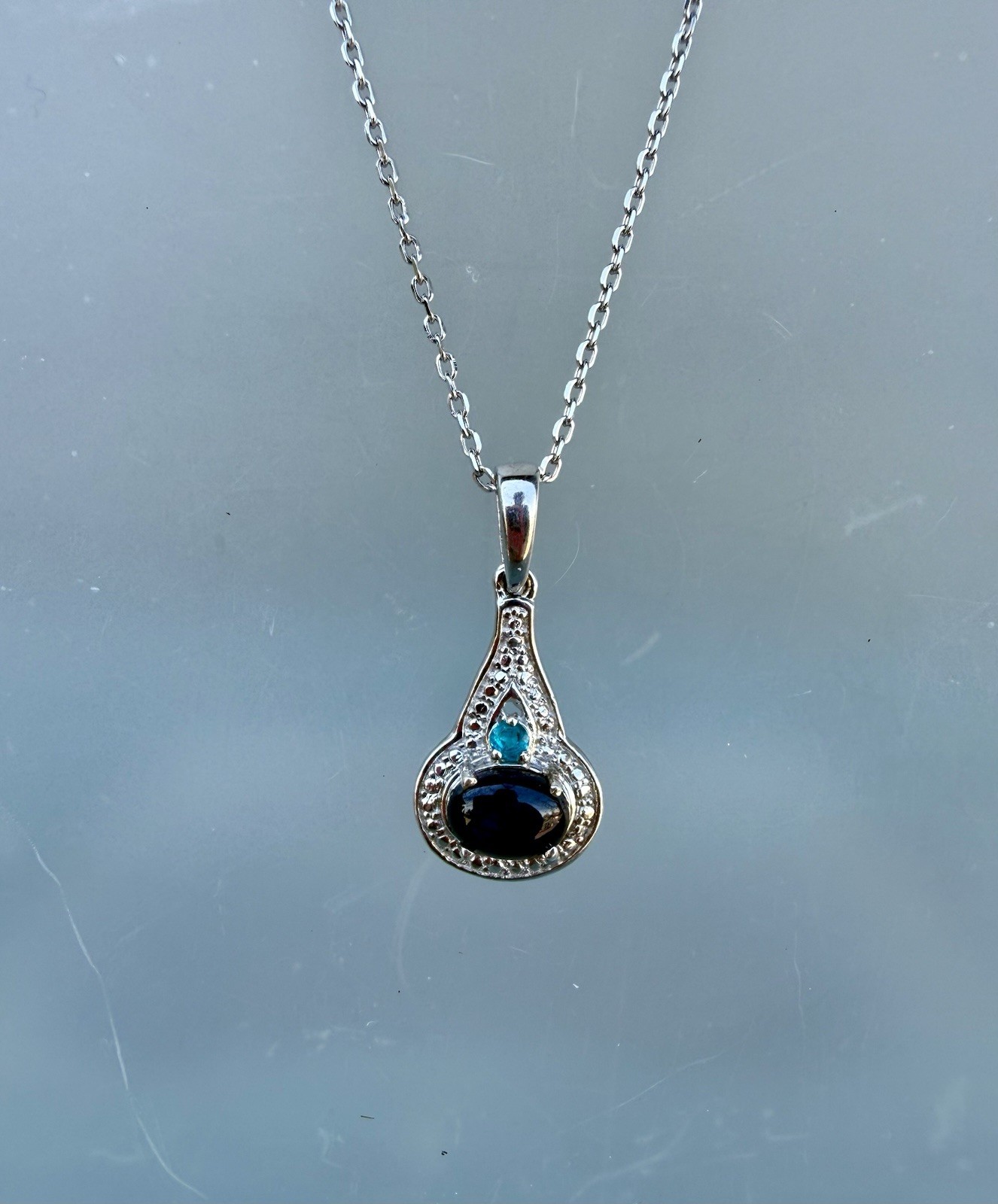 Signed STS 925 Sterling Silver Blue Star Sapphire & Apatite Pendant Necklace 18”